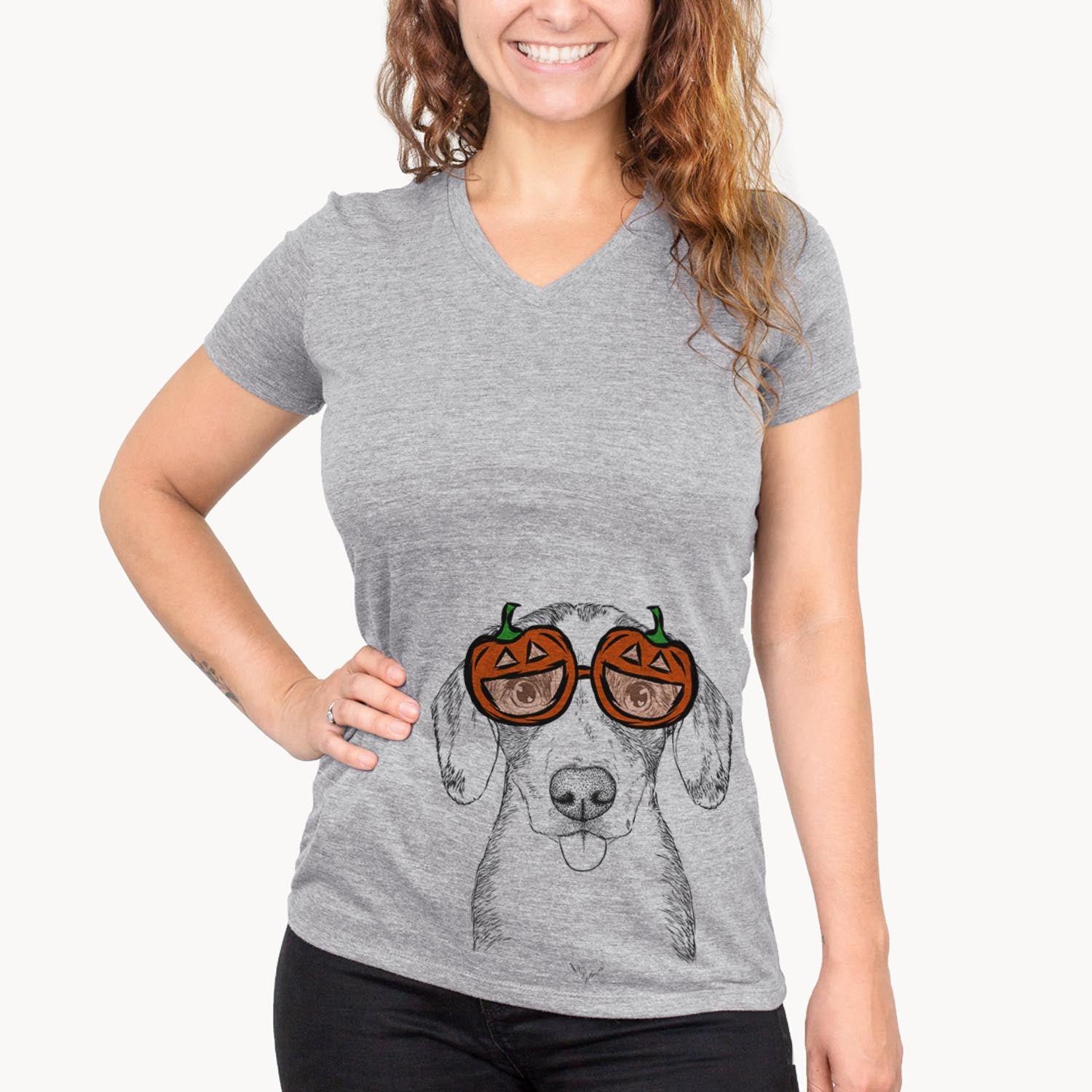 Hand-drawn sketch of SophiePea the Mixed Breed wearing pumpkin glasses on a Grey pumpkin collection