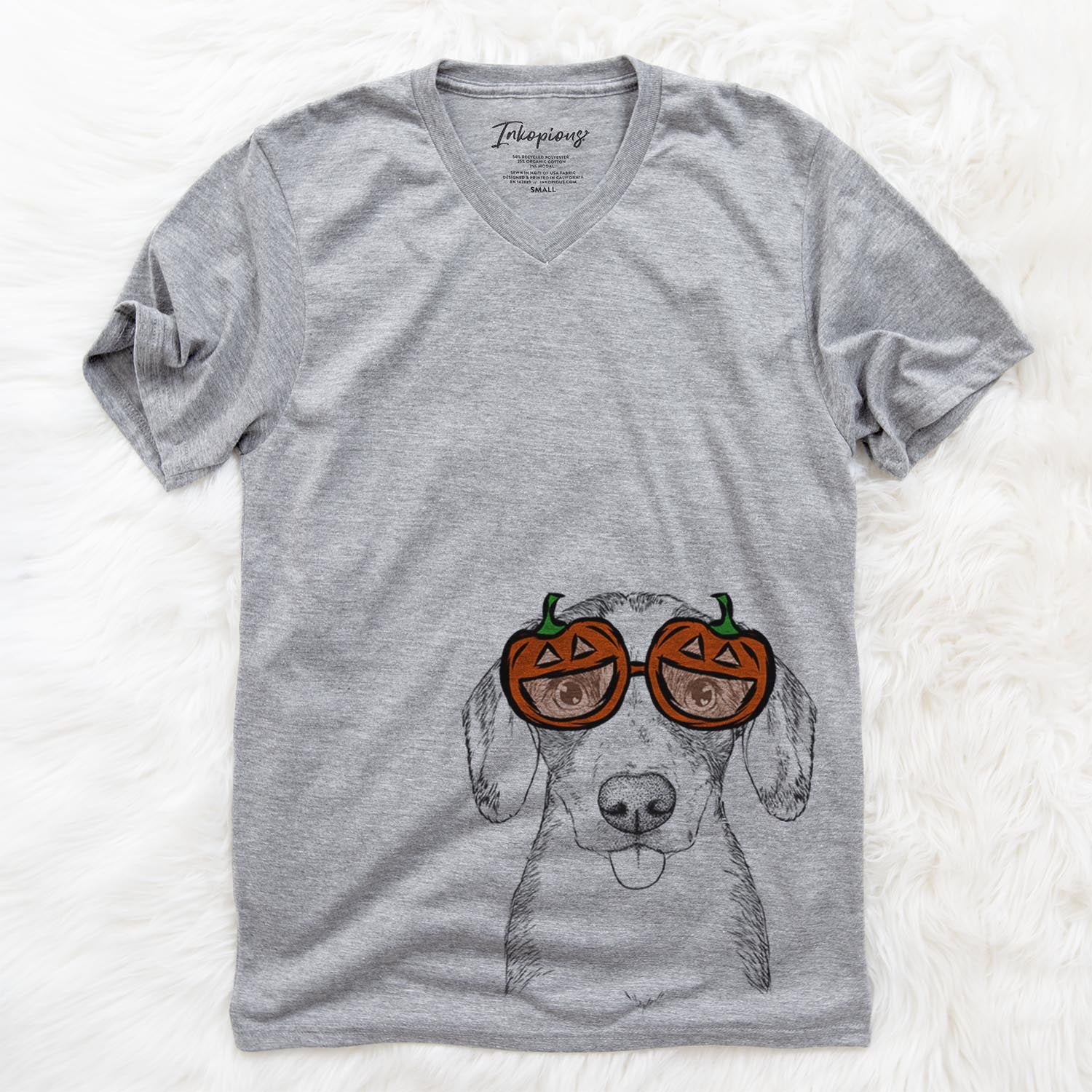 Hand-drawn sketch of SophiePea the Mixed Breed wearing pumpkin glasses on a Grey pumpkin collection