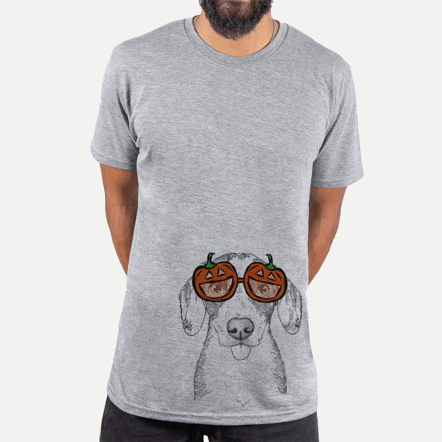 Hand-drawn sketch of SophiePea the Mixed Breed wearing pumpkin glasses on a Grey pumpkin collection, hanging on a wall