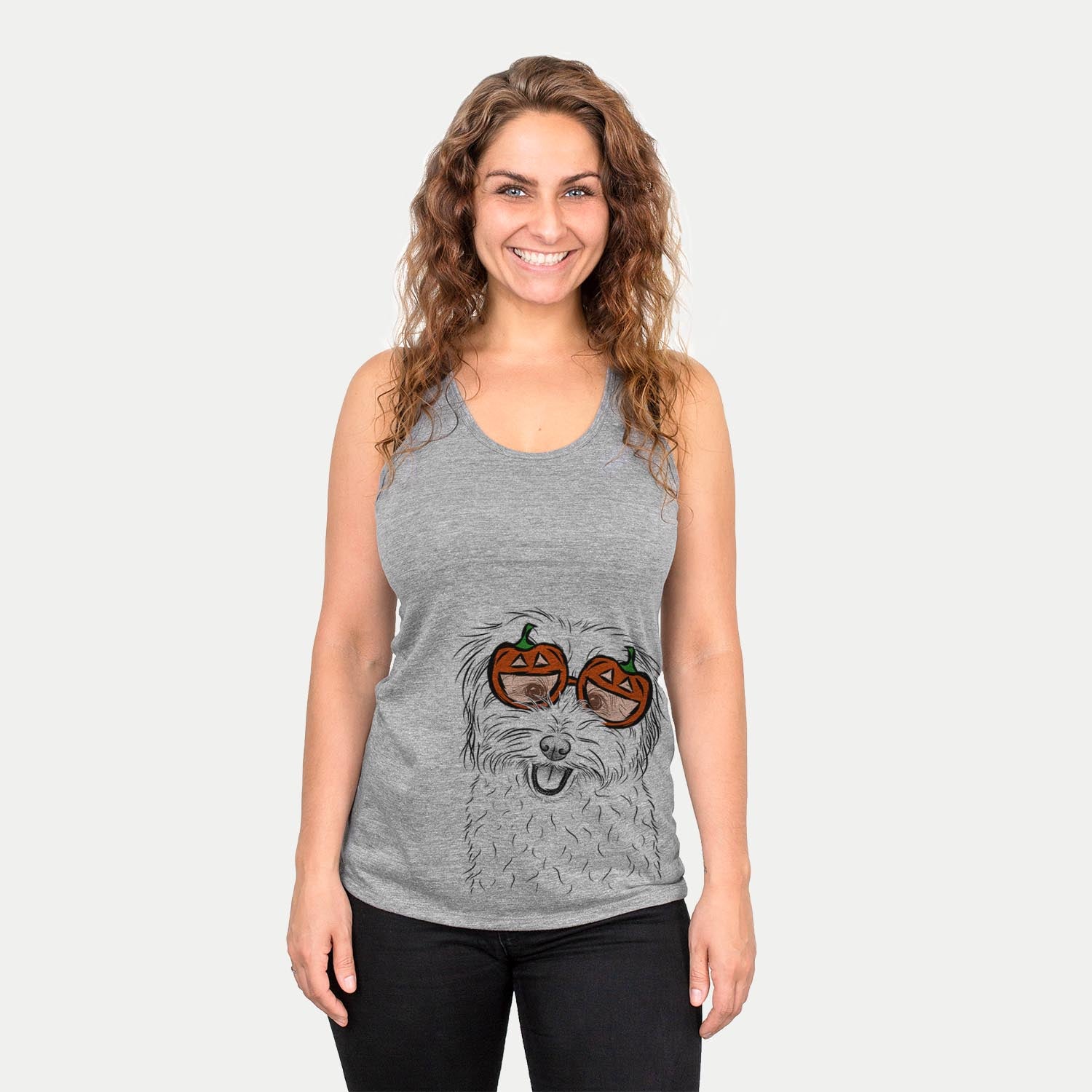Hand-drawn sketch of Sophie Quinn the Havanese wearing pumpkin glasses on a Grey pumpkin collection