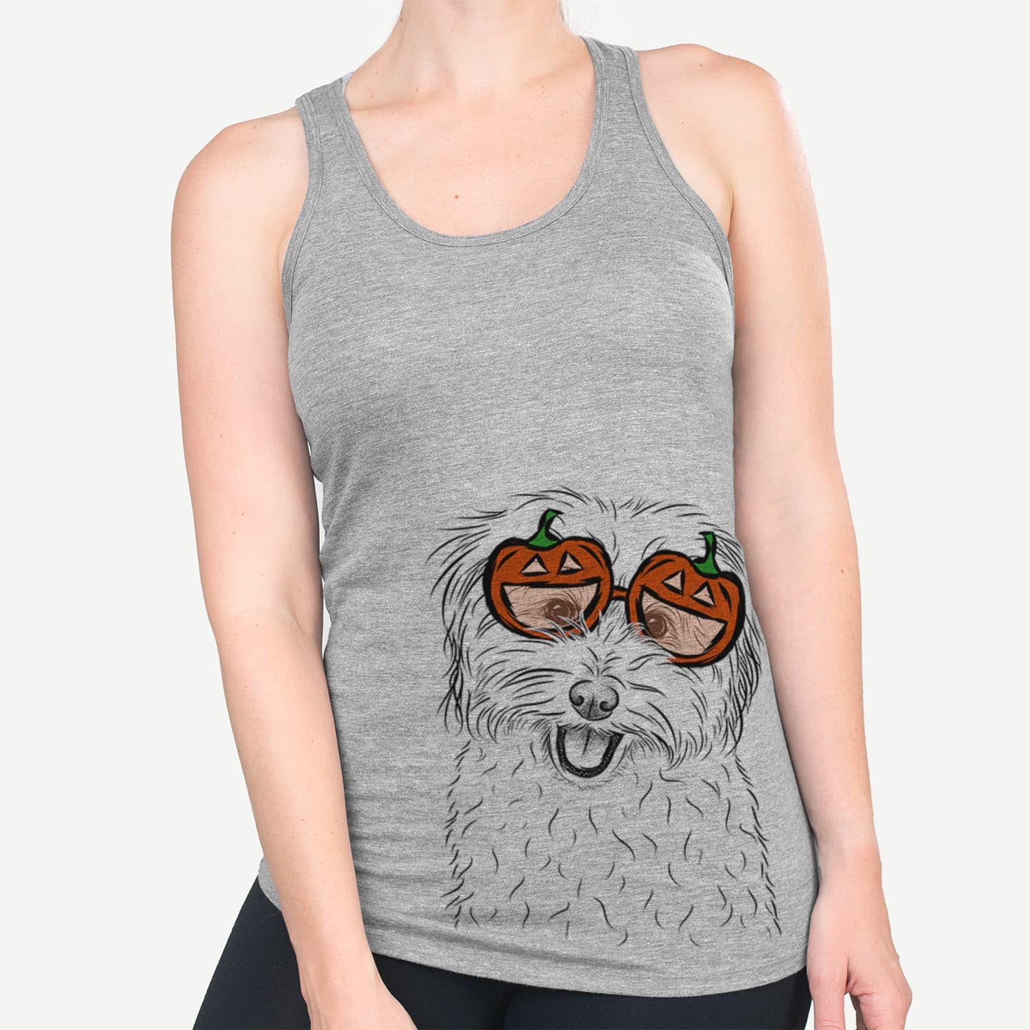 Hand-drawn sketch of Sophie Quinn the Havanese wearing pumpkin glasses on a Grey pumpkin collection