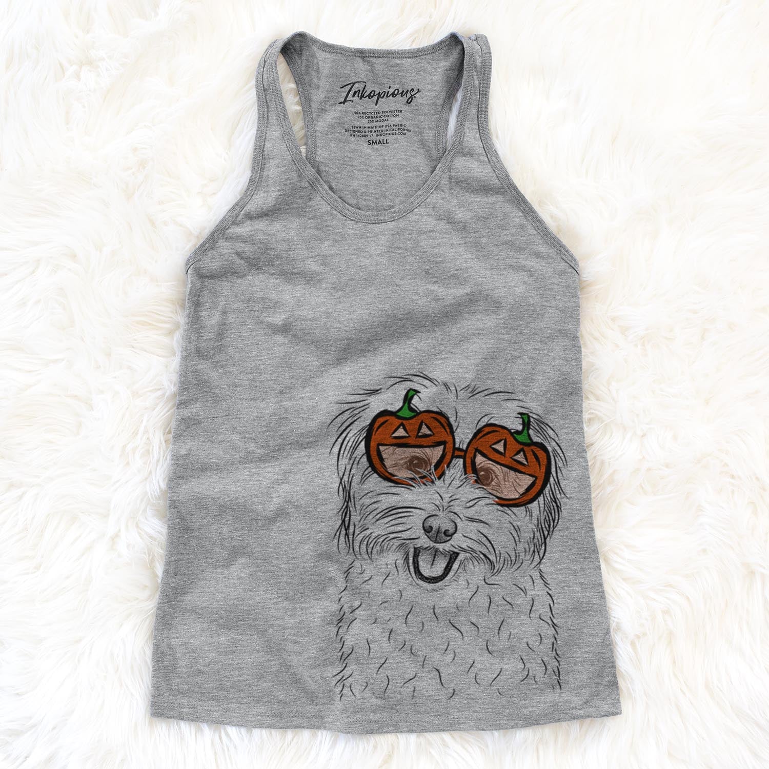 Hand-drawn sketch of Sophie Quinn the Havanese wearing pumpkin glasses on a Grey pumpkin collection