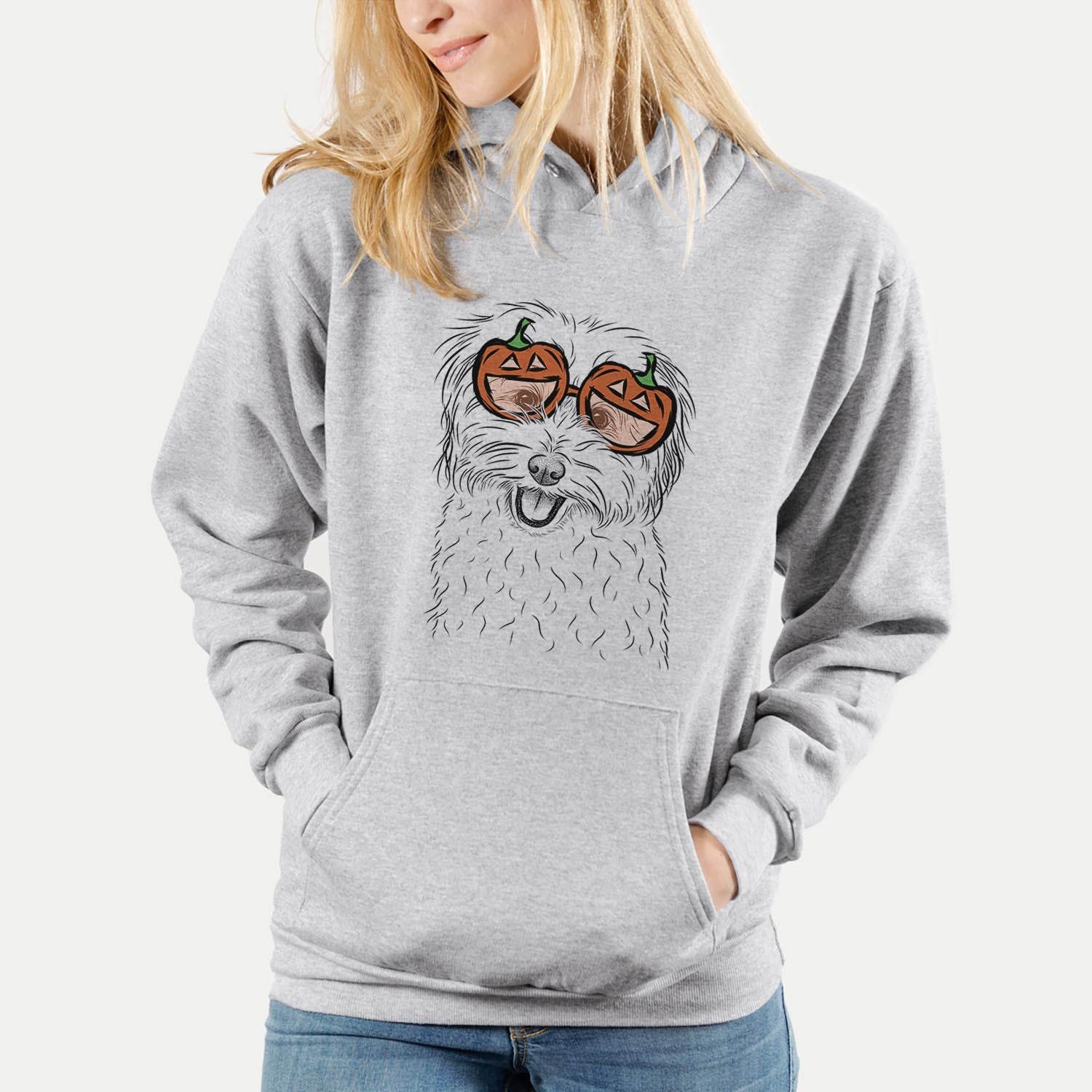 Hand-drawn sketch of Sophie Quinn the Havanese wearing pumpkin glasses on a Grey pumpkin collection