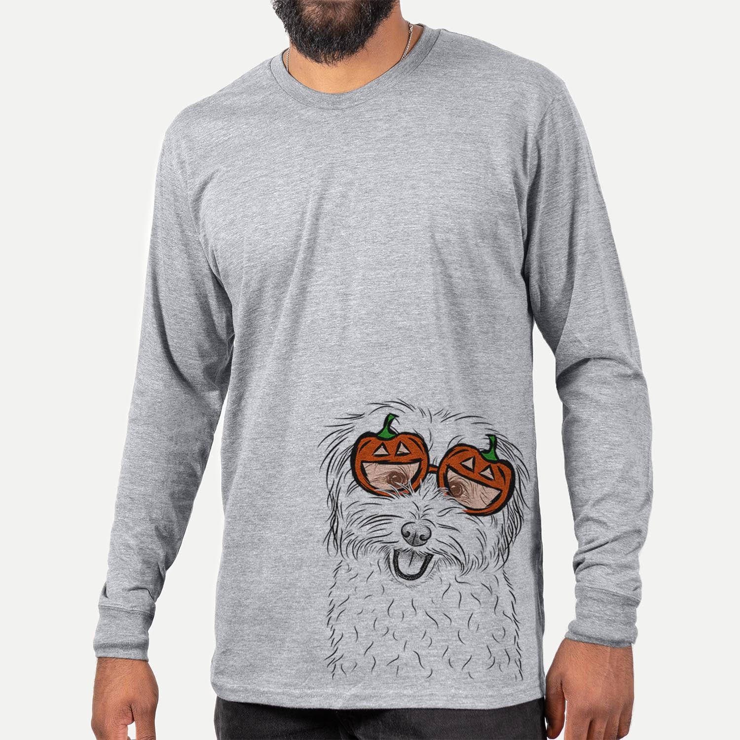 Hand-drawn sketch of Sophie Quinn the Havanese wearing pumpkin glasses on a Grey pumpkin collection, hanging on a wall