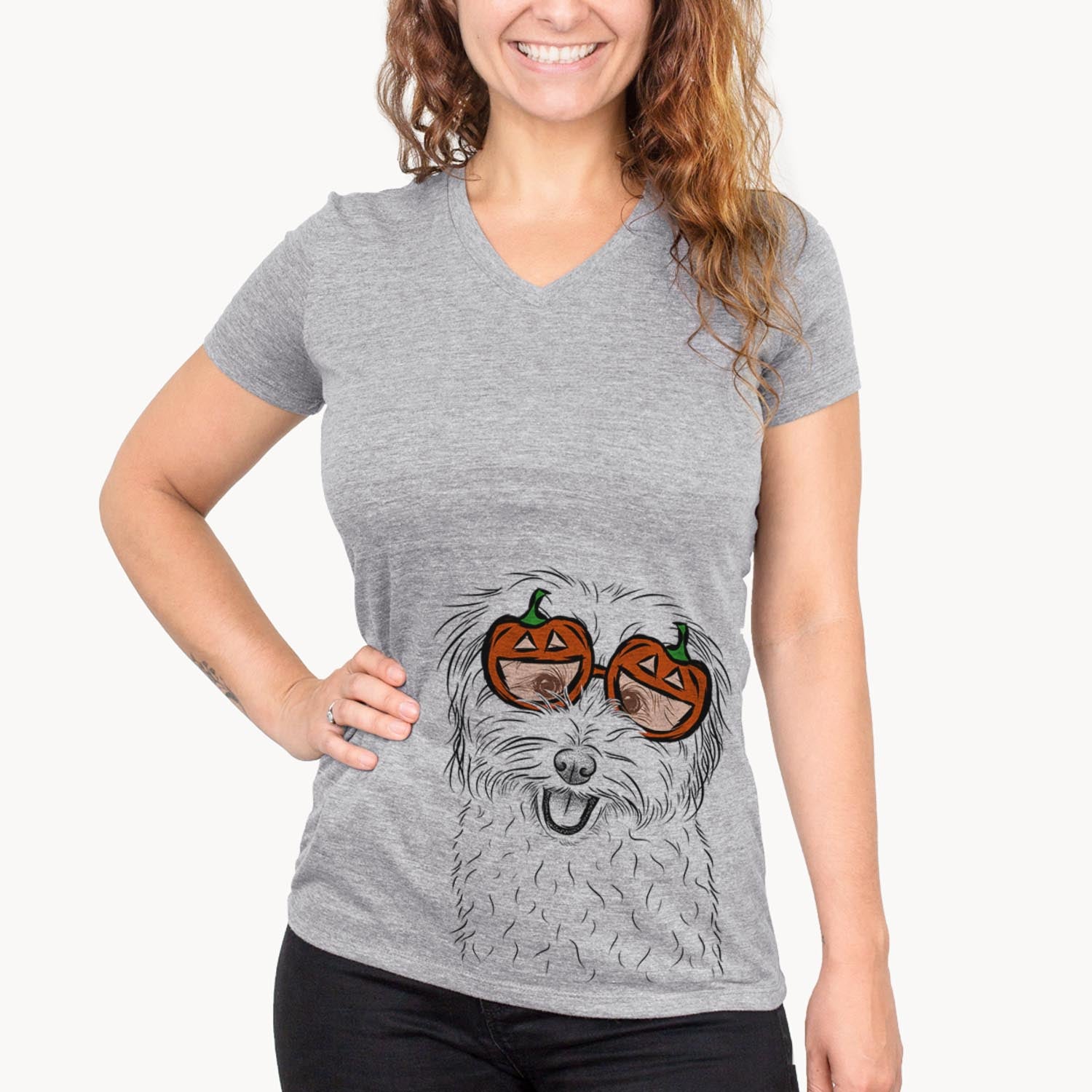 Hand-drawn sketch of Sophie Quinn the Havanese wearing pumpkin glasses on a Grey pumpkin collection