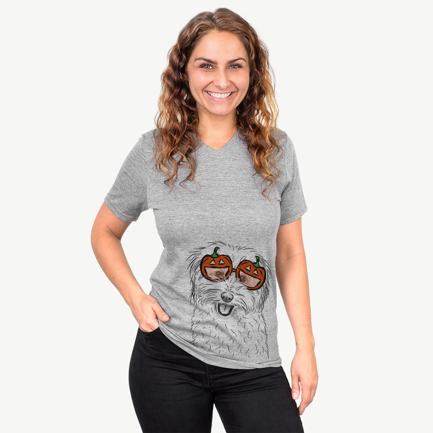 Hand-drawn sketch of Sophie Quinn the Havanese wearing pumpkin glasses on a Grey pumpkin collection