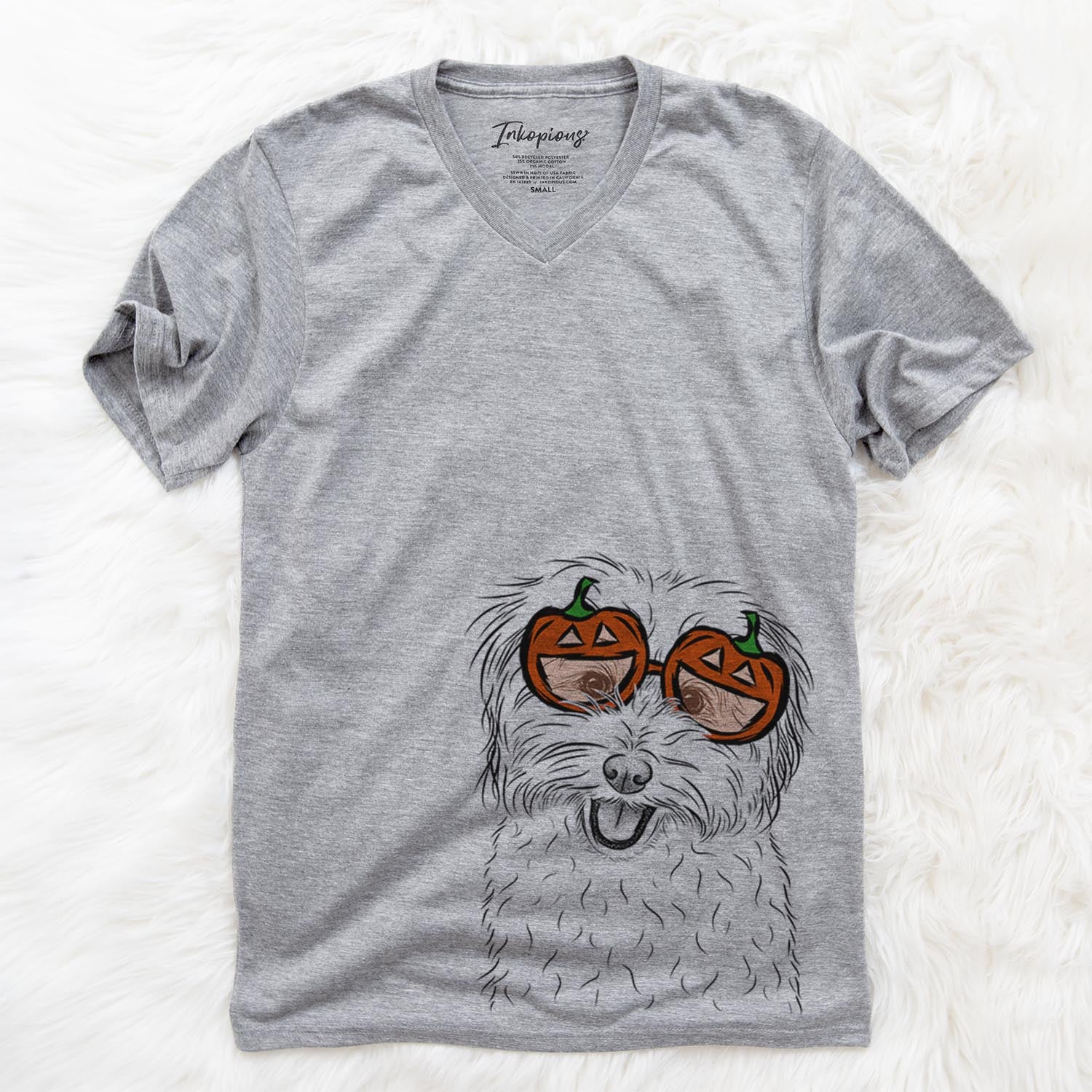 Hand-drawn sketch of Sophie Quinn the Havanese wearing pumpkin glasses on a Grey pumpkin collection