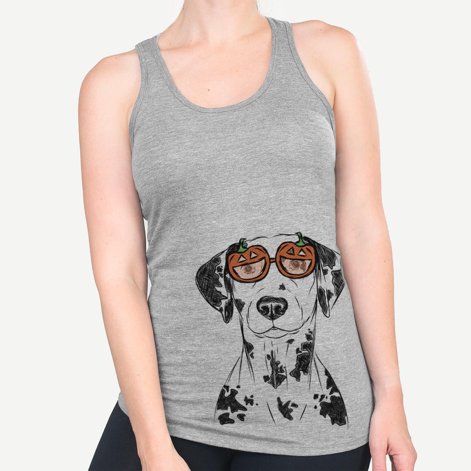 Hand-drawn sketch of Spot the Dalmatian wearing pumpkin glasses on a Grey pumpkin collection