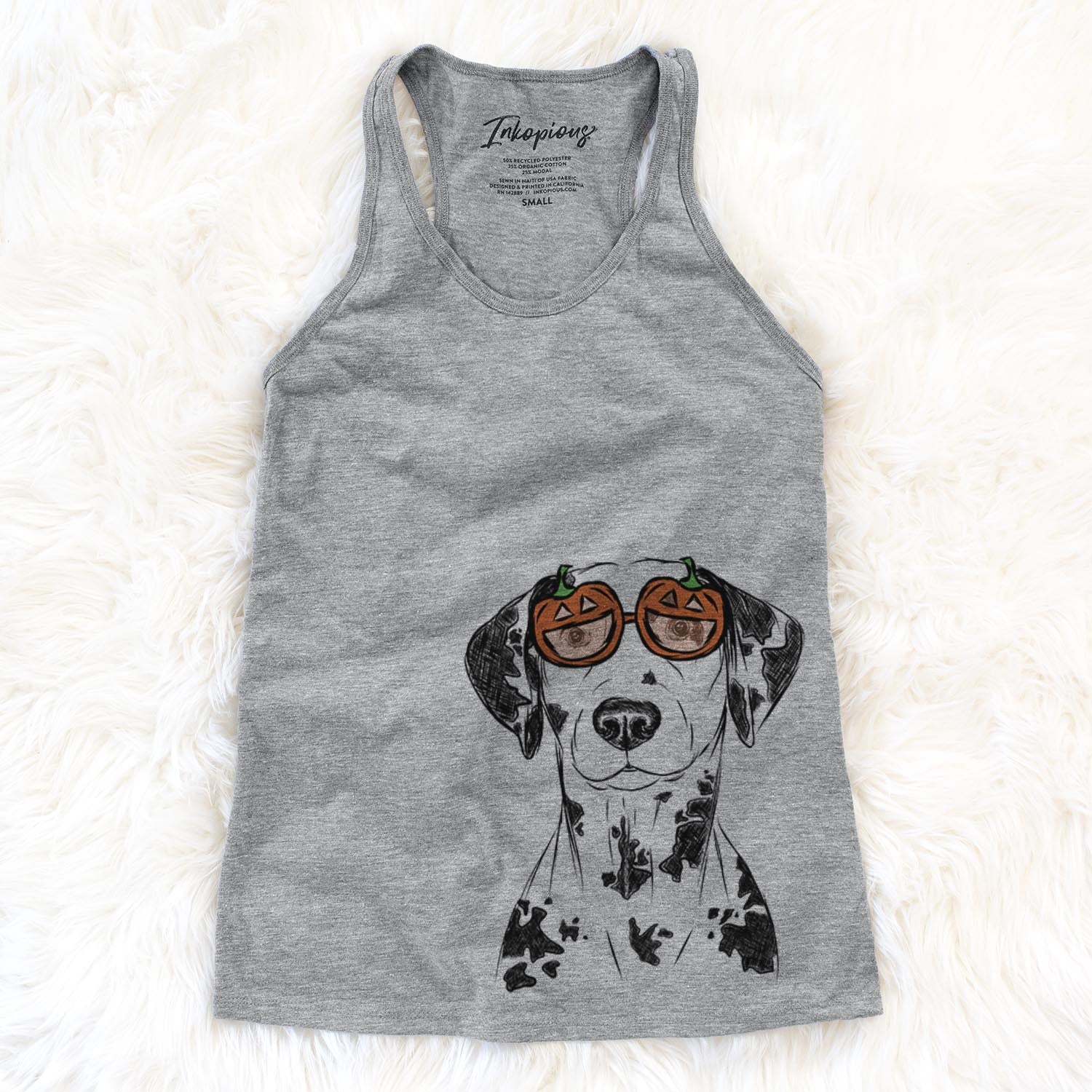 Hand-drawn sketch of Spot the Dalmatian wearing pumpkin glasses on a Grey pumpkin collection