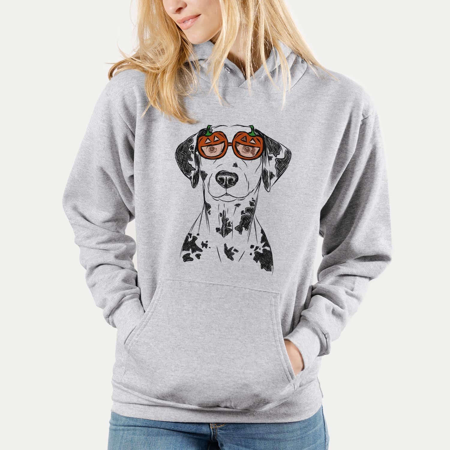 Hand-drawn sketch of Spot the Dalmatian wearing pumpkin glasses on a Grey pumpkin collection