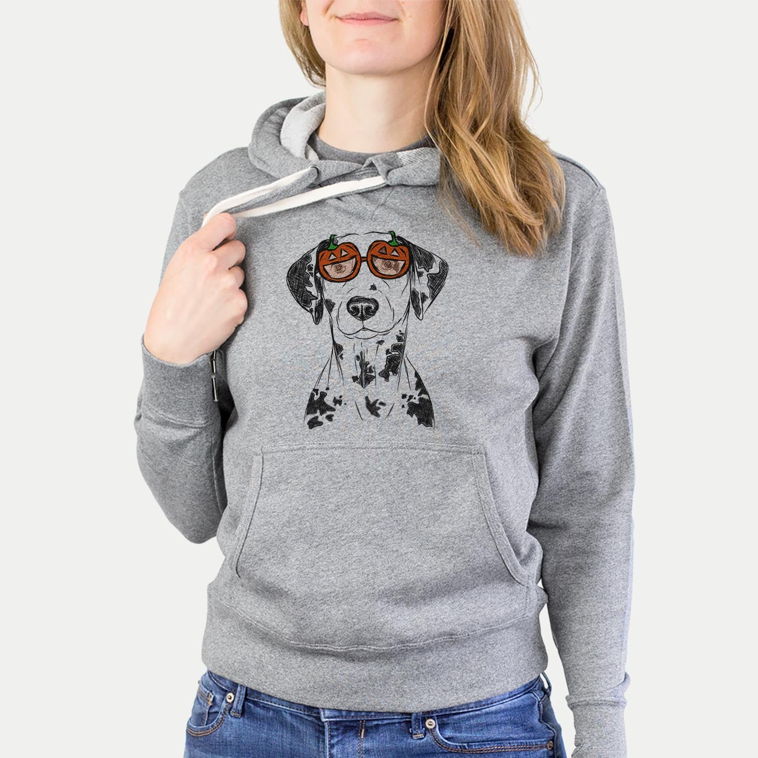 Hand-drawn sketch of Spot the Dalmatian wearing pumpkin glasses on a Grey pumpkin collection, hanging on a wall