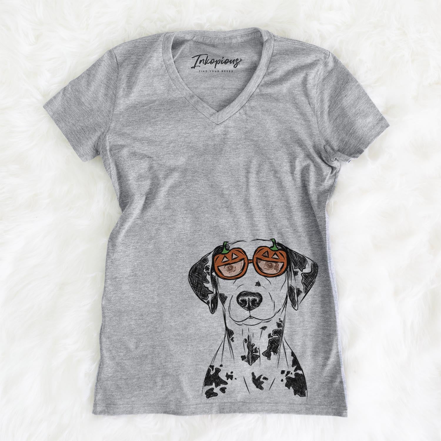 Hand-drawn sketch of Spot the Dalmatian wearing pumpkin glasses on a Grey pumpkin collection, on a hanger
