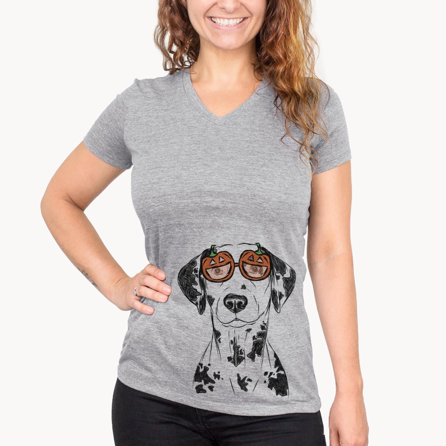 Hand-drawn sketch of Spot the Dalmatian wearing pumpkin glasses on a Grey pumpkin collection