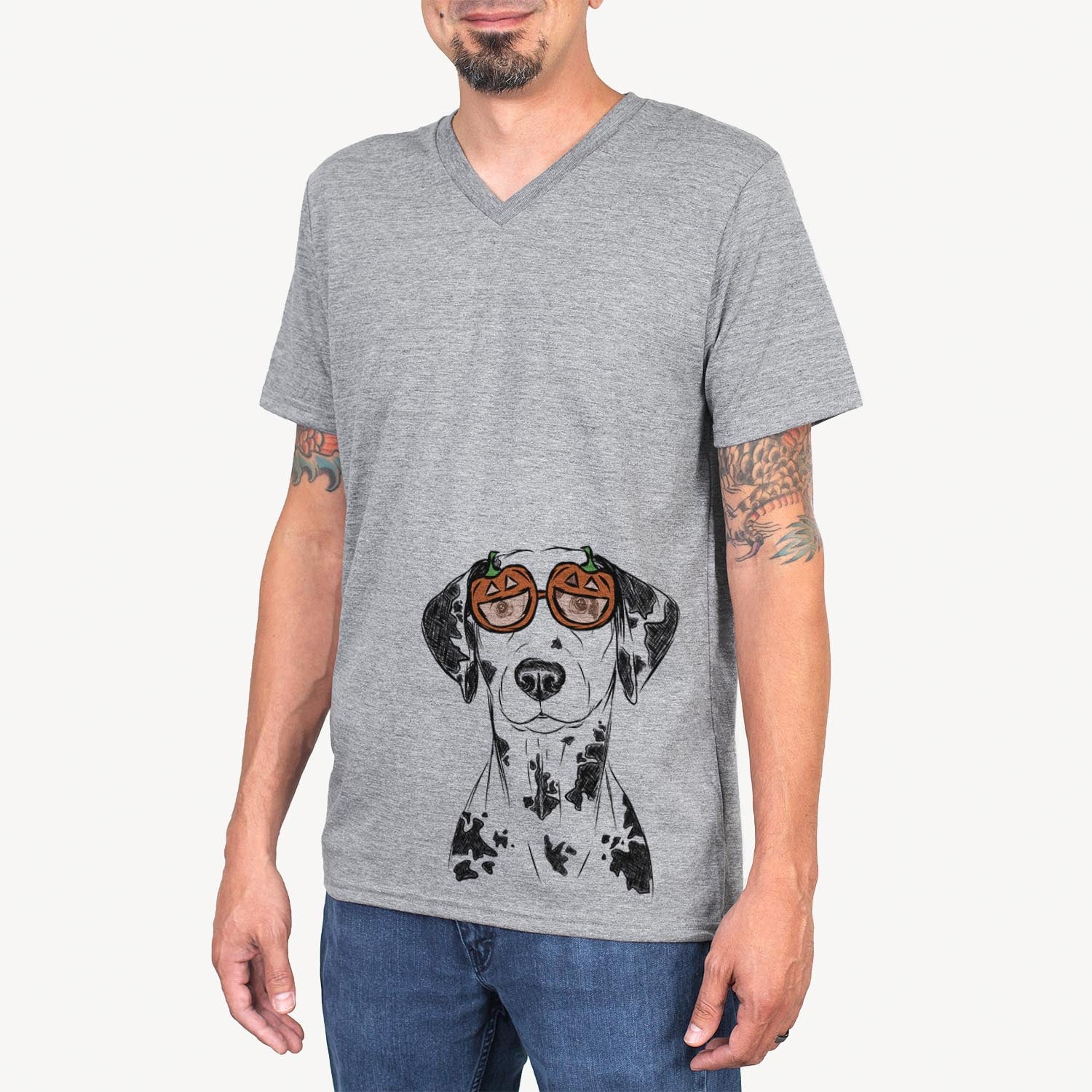 Hand-drawn sketch of Spot the Dalmatian wearing pumpkin glasses on a Grey pumpkin collection
