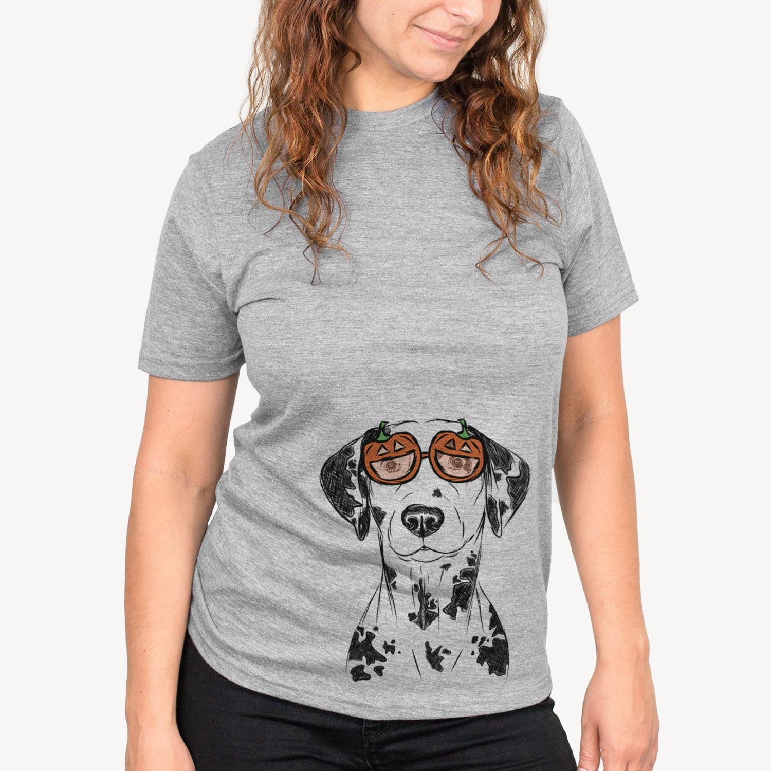 Hand-drawn sketch of Spot the Dalmatian wearing pumpkin glasses on a Grey pumpkin collection, on a hanger