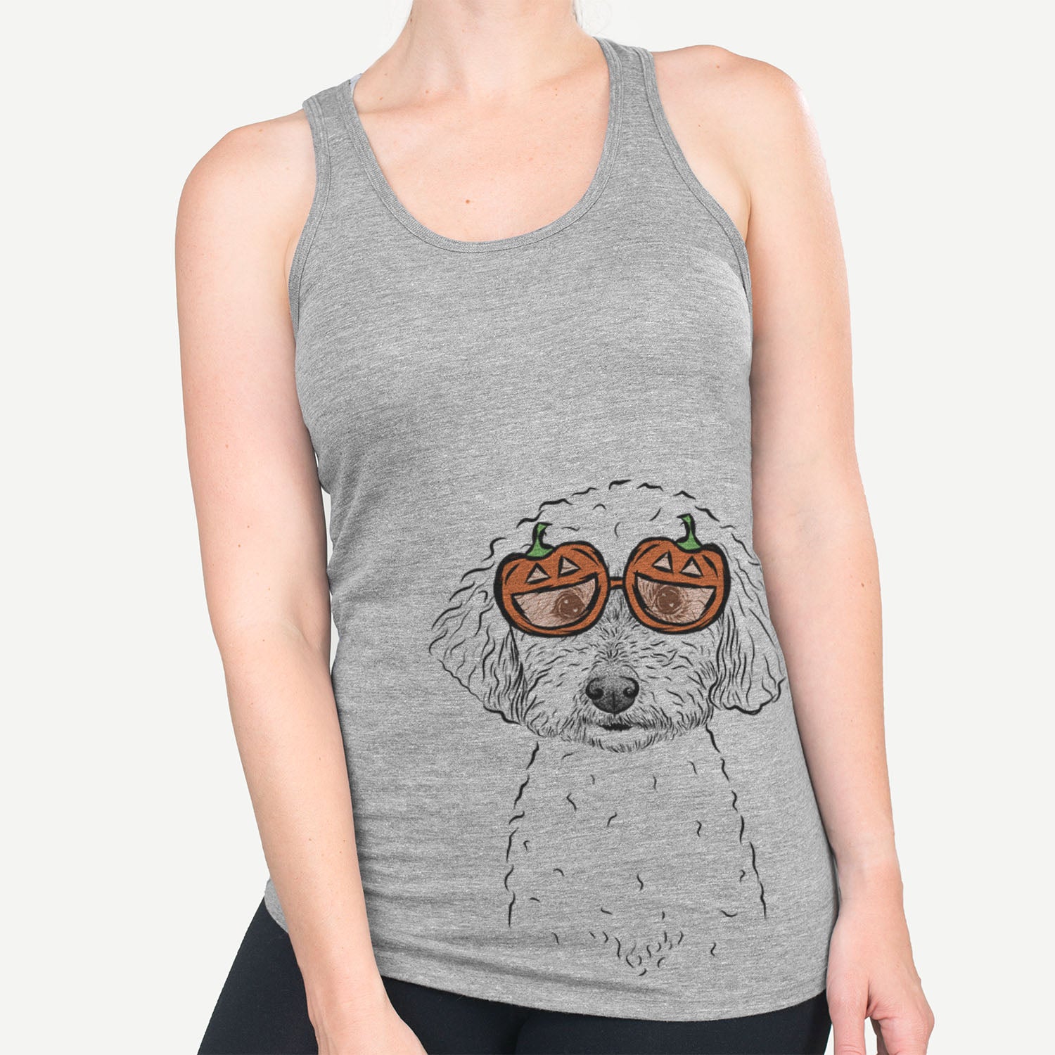 Hand-drawn sketch of Stitch the Bichonpoo wearing pumpkin glasses on a Grey pumpkin collection