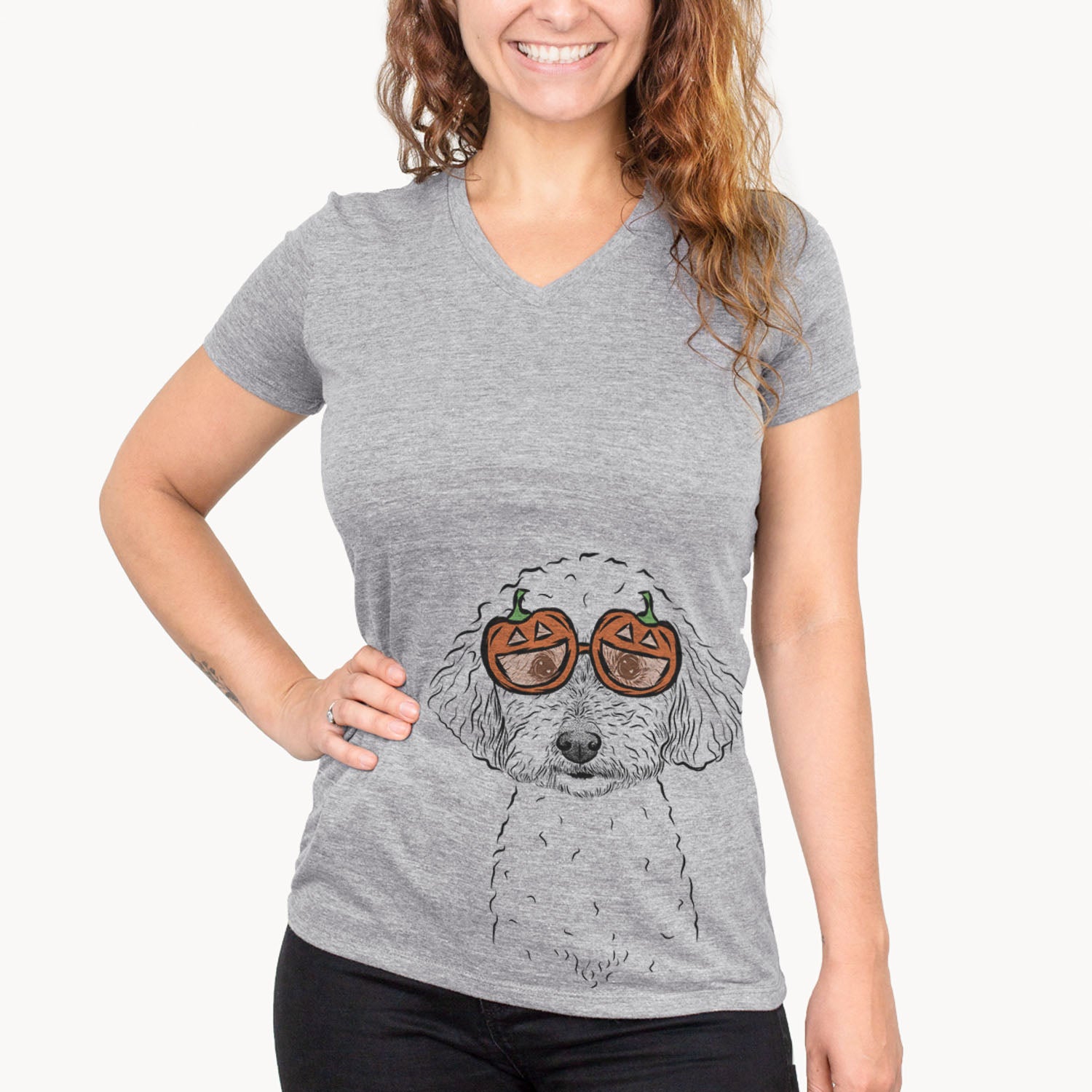 Hand-drawn sketch of Stitch the Bichonpoo wearing pumpkin glasses on a Grey pumpkin collection