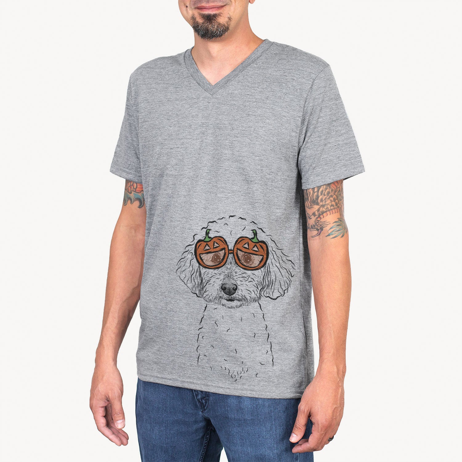 Hand-drawn sketch of Stitch the Bichonpoo wearing pumpkin glasses on a Grey pumpkin collection