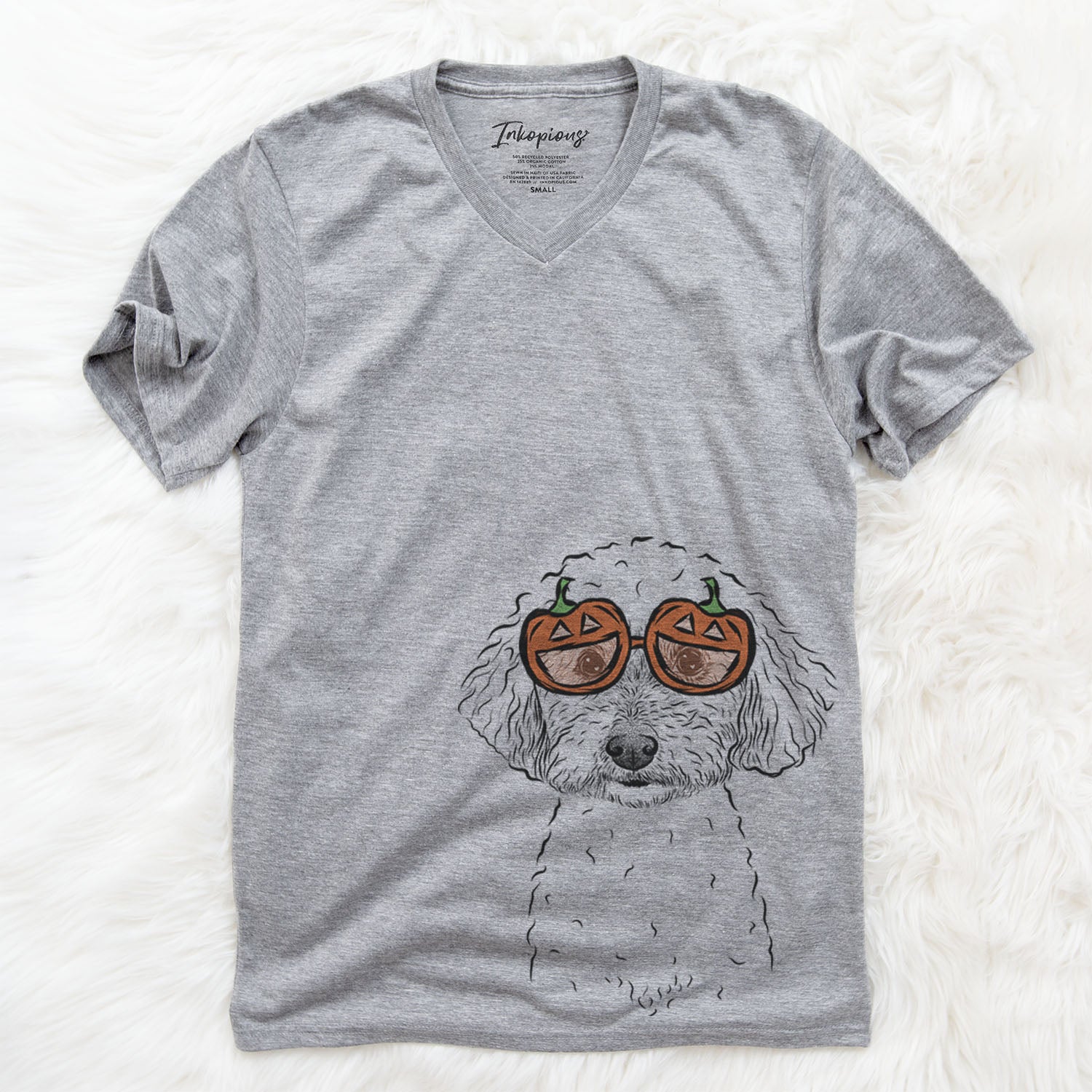 Hand-drawn sketch of Stitch the Bichonpoo wearing pumpkin glasses on a Grey pumpkin collection