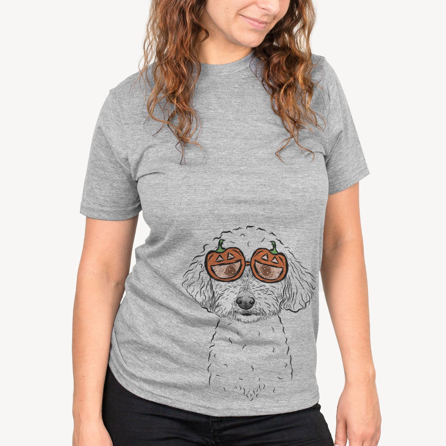 Hand-drawn sketch of Stitch the Bichonpoo wearing pumpkin glasses on a Grey pumpkin collection, on a hanger
