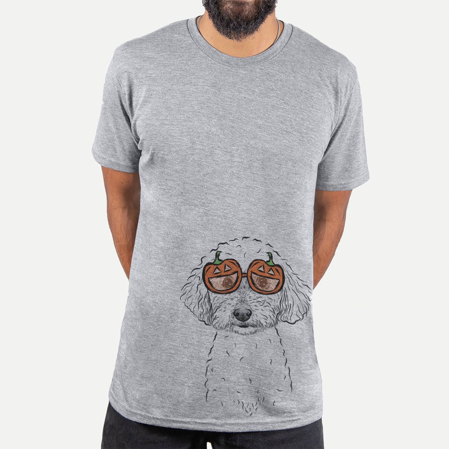 Hand-drawn sketch of Stitch the Bichonpoo wearing pumpkin glasses on a Grey pumpkin collection, hanging on a wall
