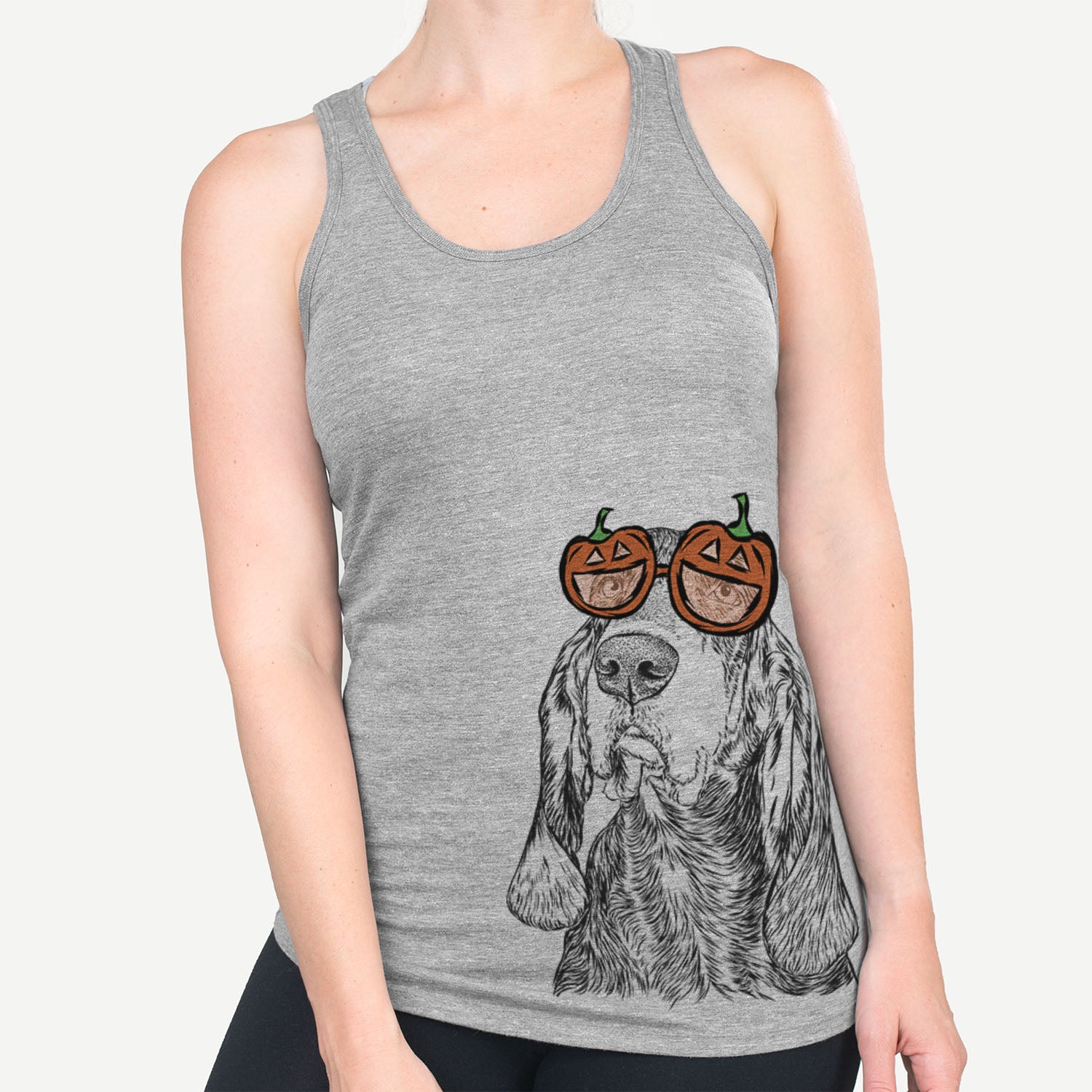 Hand-drawn sketch of Stu the Black and Tan Coonhound wearing pumpkin glasses on a Grey pumpkin collection