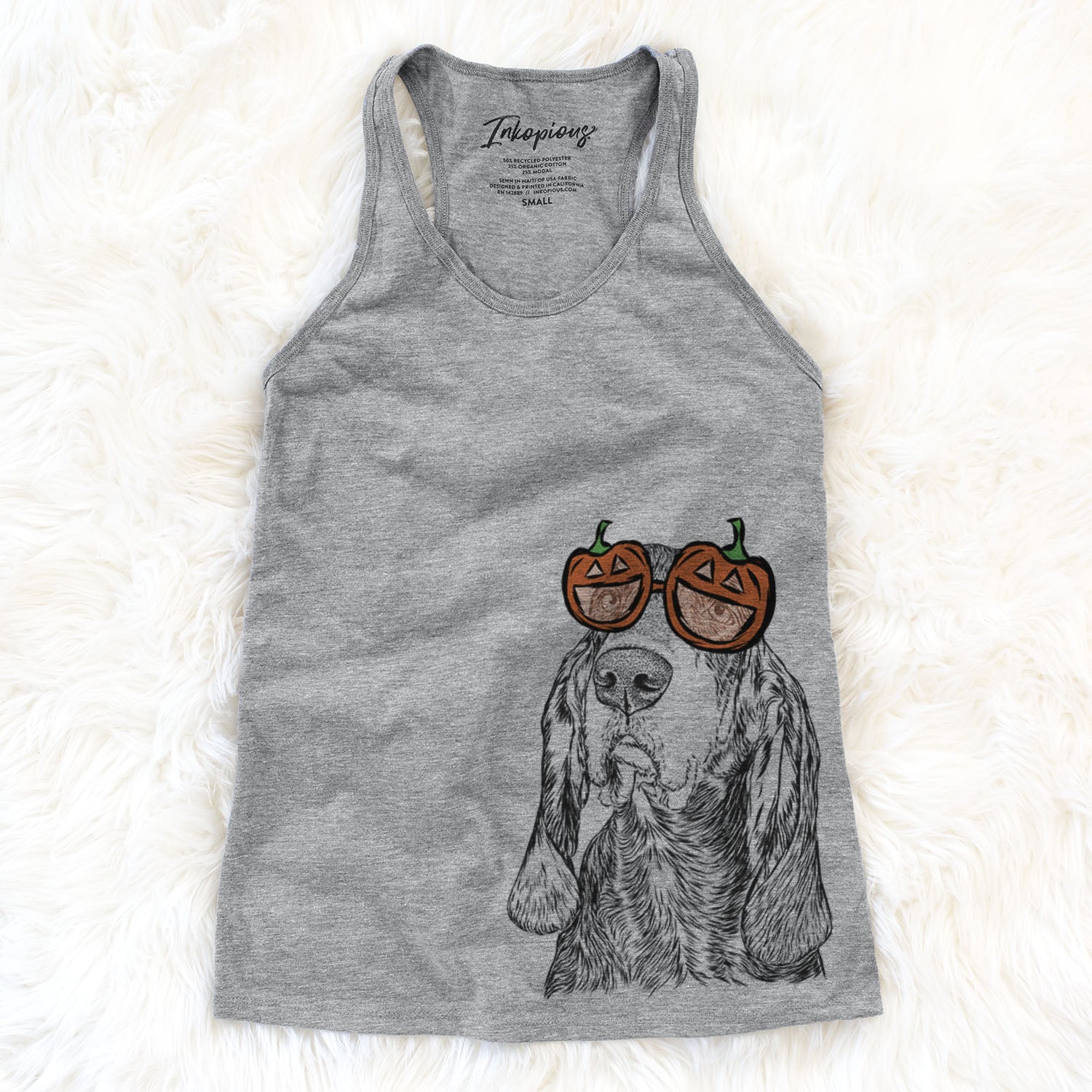 Hand-drawn sketch of Stu the Black and Tan Coonhound wearing pumpkin glasses on a Grey pumpkin collection