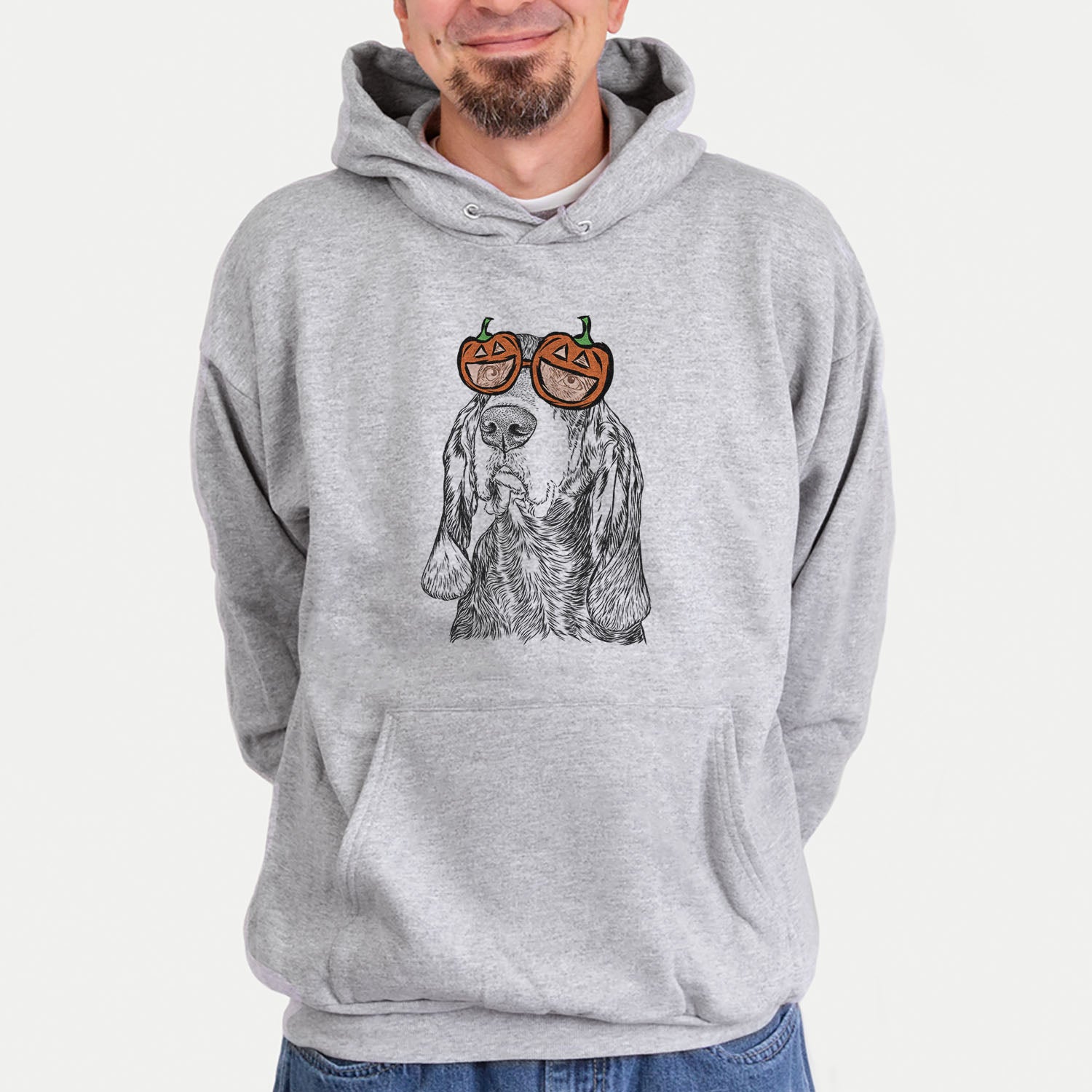 Hand-drawn sketch of Stu the Black and Tan Coonhound wearing pumpkin glasses on a Grey pumpkin collection, hanging on a wall