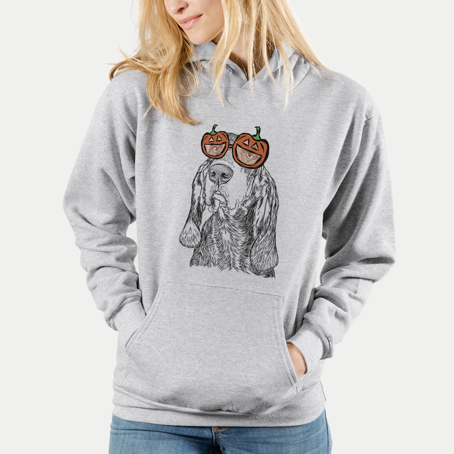 Hand-drawn sketch of Stu the Black and Tan Coonhound wearing pumpkin glasses on a Grey pumpkin collection