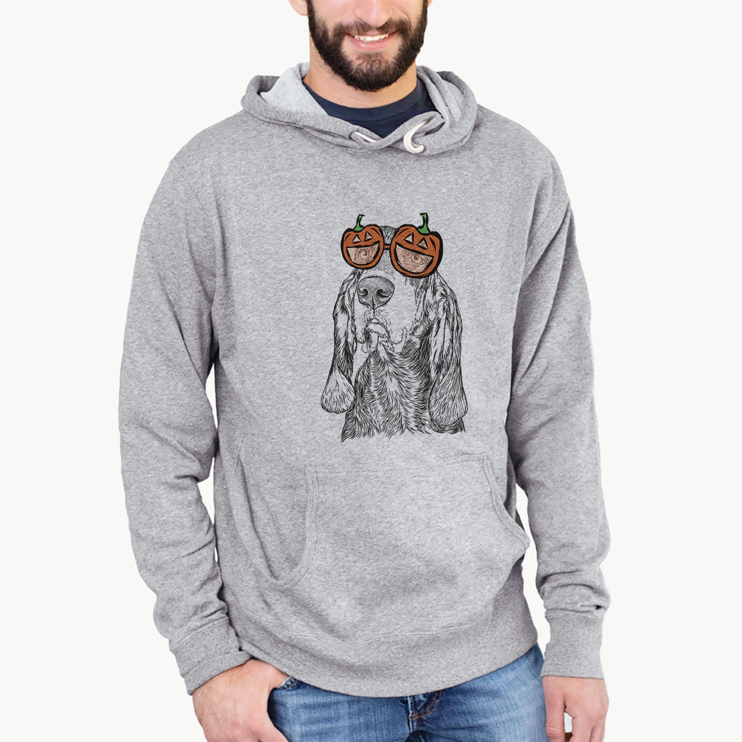 Hand-drawn sketch of Stu the Black and Tan Coonhound wearing pumpkin glasses on a Grey pumpkin collection