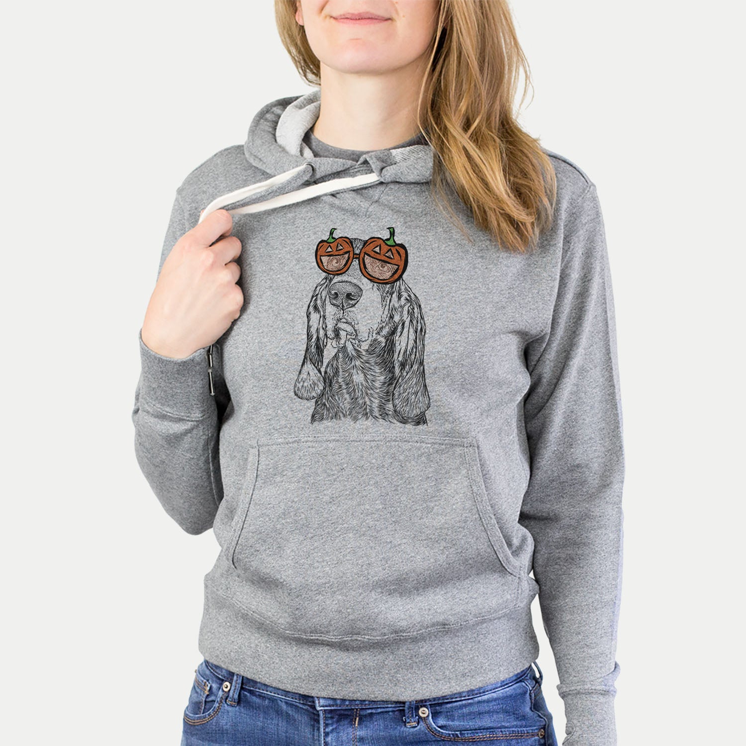 Hand-drawn sketch of Stu the Black and Tan Coonhound wearing pumpkin glasses on a Grey pumpkin collection, hanging on a wall