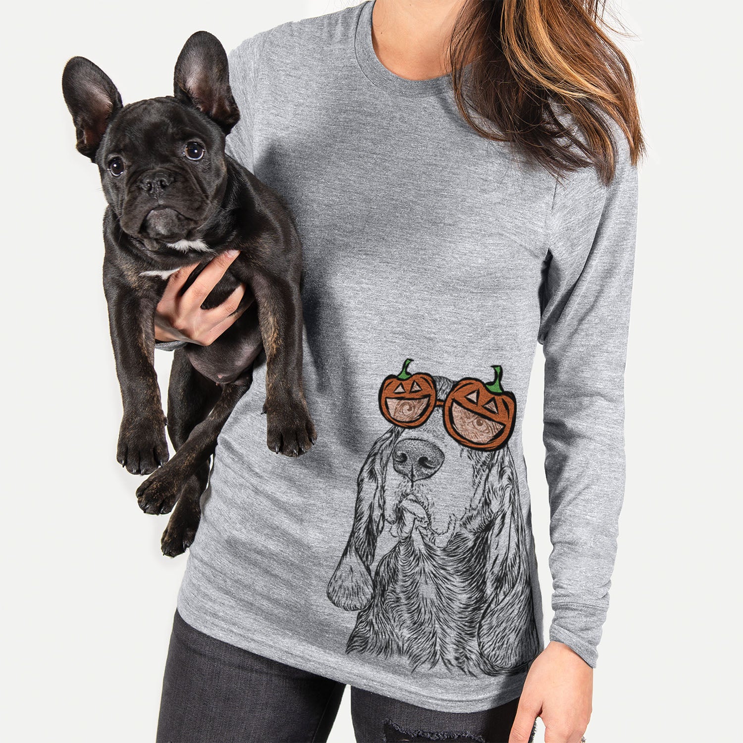 Hand-drawn sketch of Stu the Black and Tan Coonhound wearing pumpkin glasses on a Grey pumpkin collection