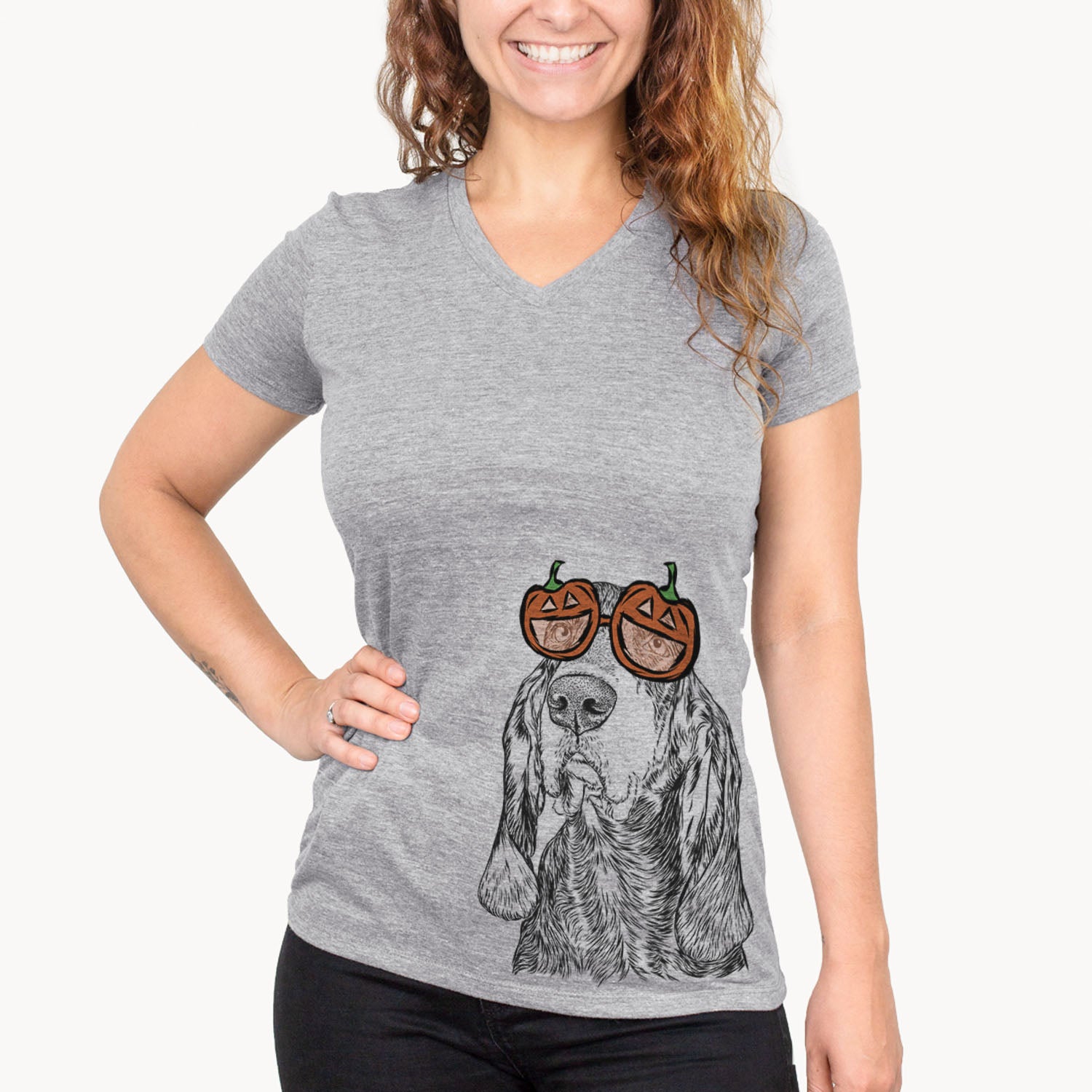 Hand-drawn sketch of Stu the Black and Tan Coonhound wearing pumpkin glasses on a Grey pumpkin collection