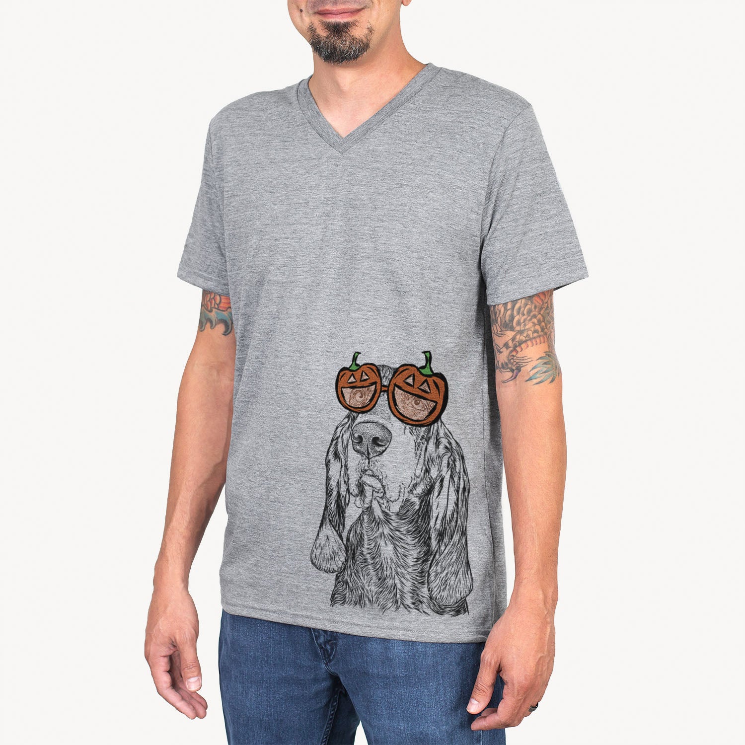 Hand-drawn sketch of Stu the Black and Tan Coonhound wearing pumpkin glasses on a Grey pumpkin collection