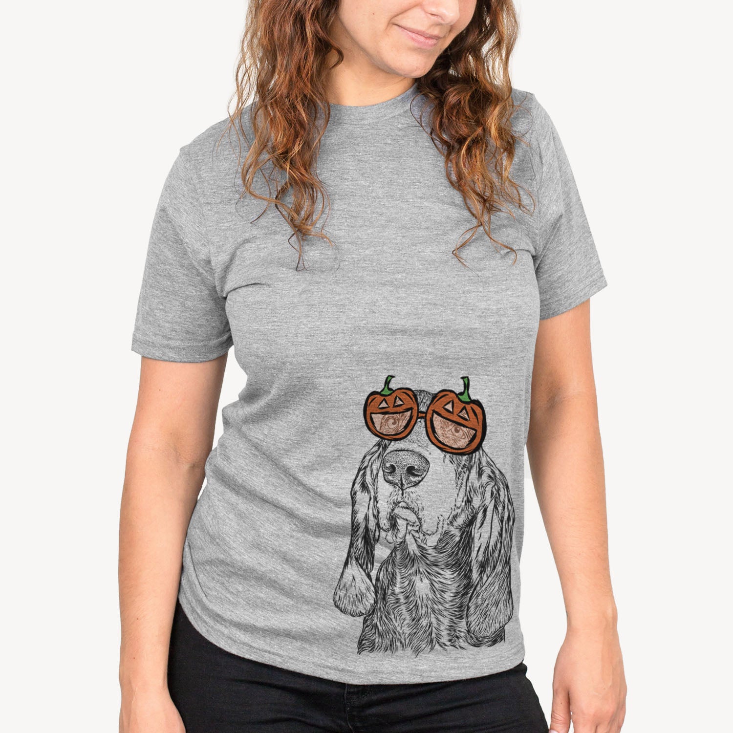 Hand-drawn sketch of Stu the Black and Tan Coonhound wearing pumpkin glasses on a Grey pumpkin collection, on a hanger