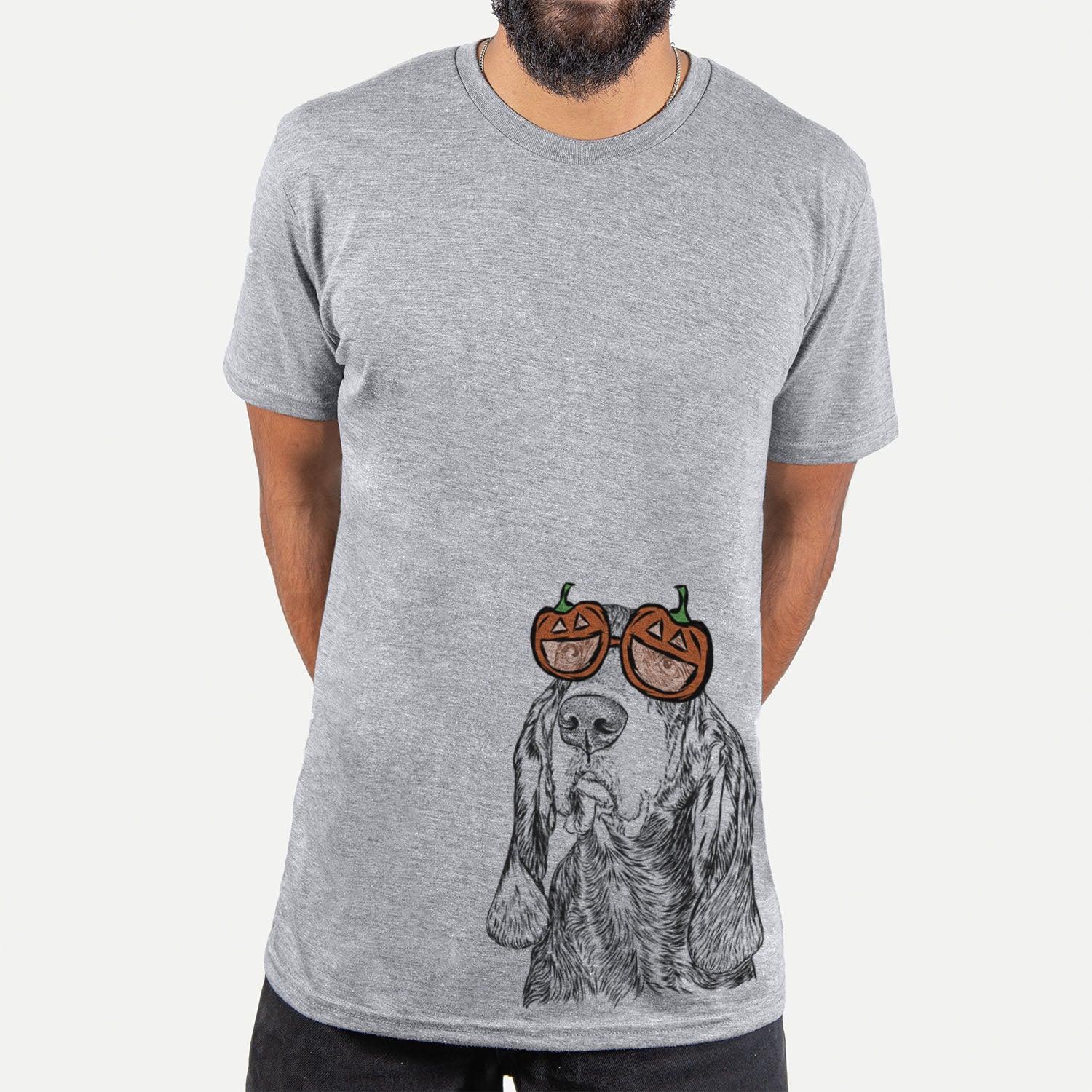 Hand-drawn sketch of Stu the Black and Tan Coonhound wearing pumpkin glasses on a Grey pumpkin collection, hanging on a wall