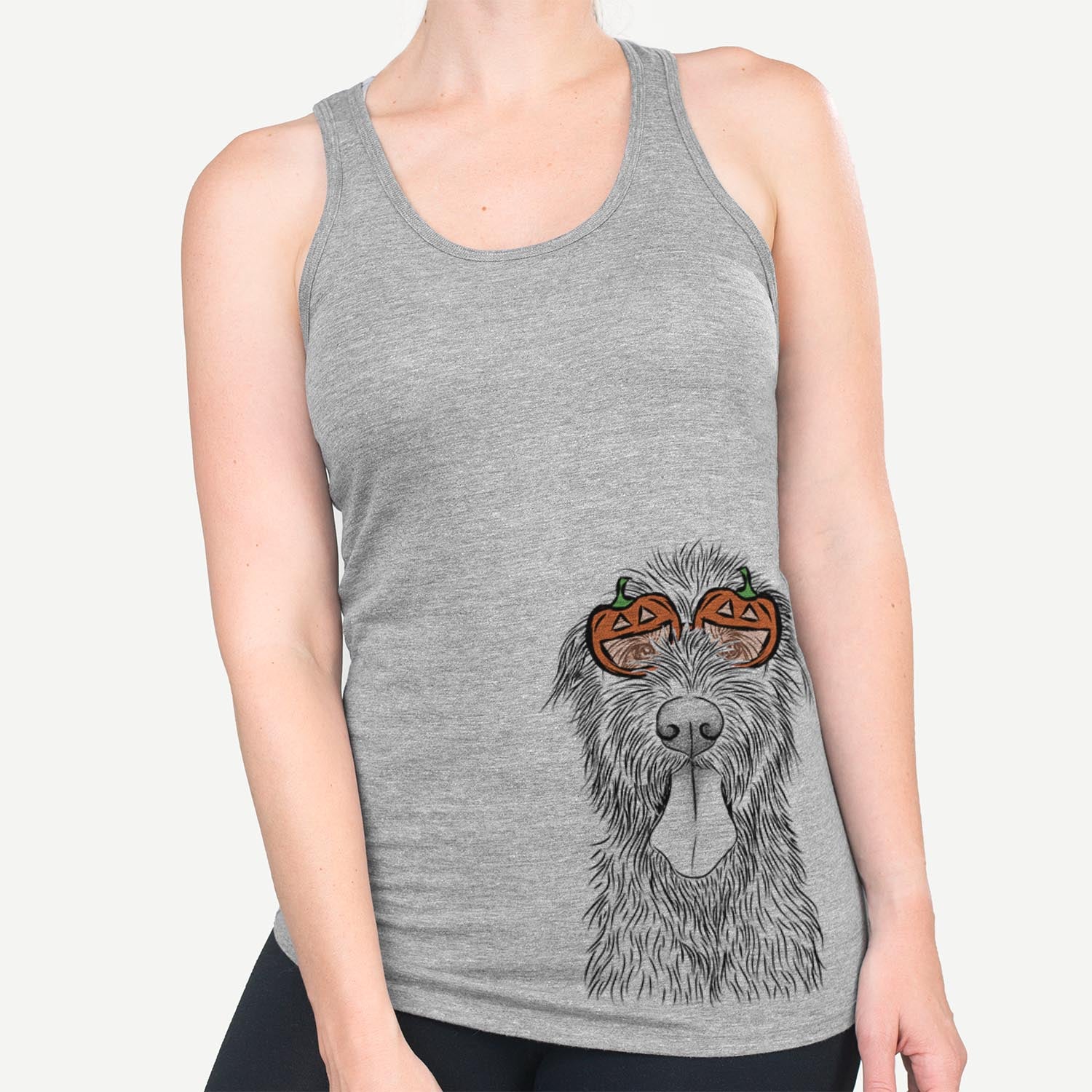 Hand-drawn sketch of Sullivan the Irish Wolfhound wearing pumpkin glasses on a Grey pumpkin collection