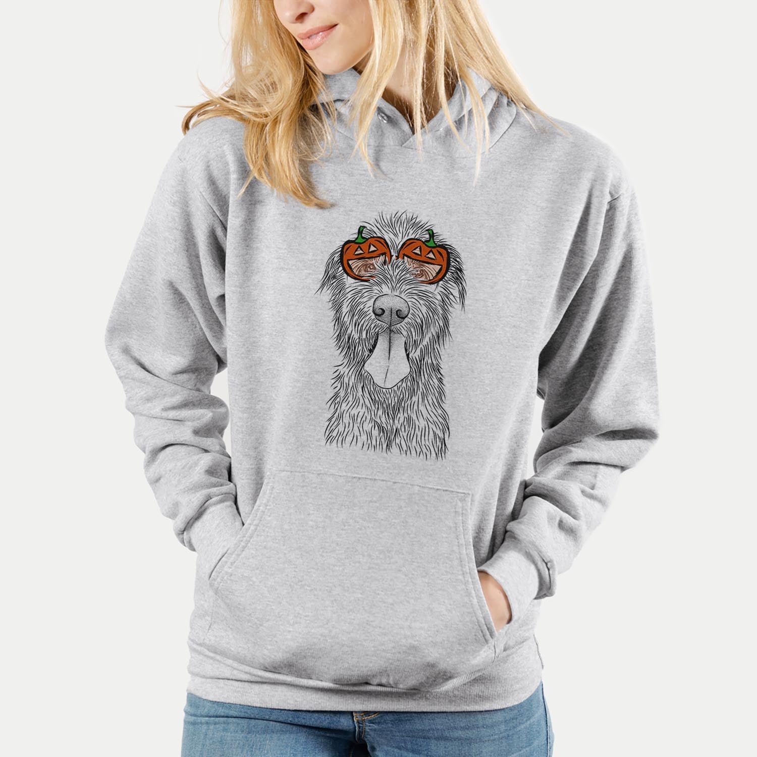 Hand-drawn sketch of Sullivan the Irish Wolfhound wearing pumpkin glasses on a Grey pumpkin collection