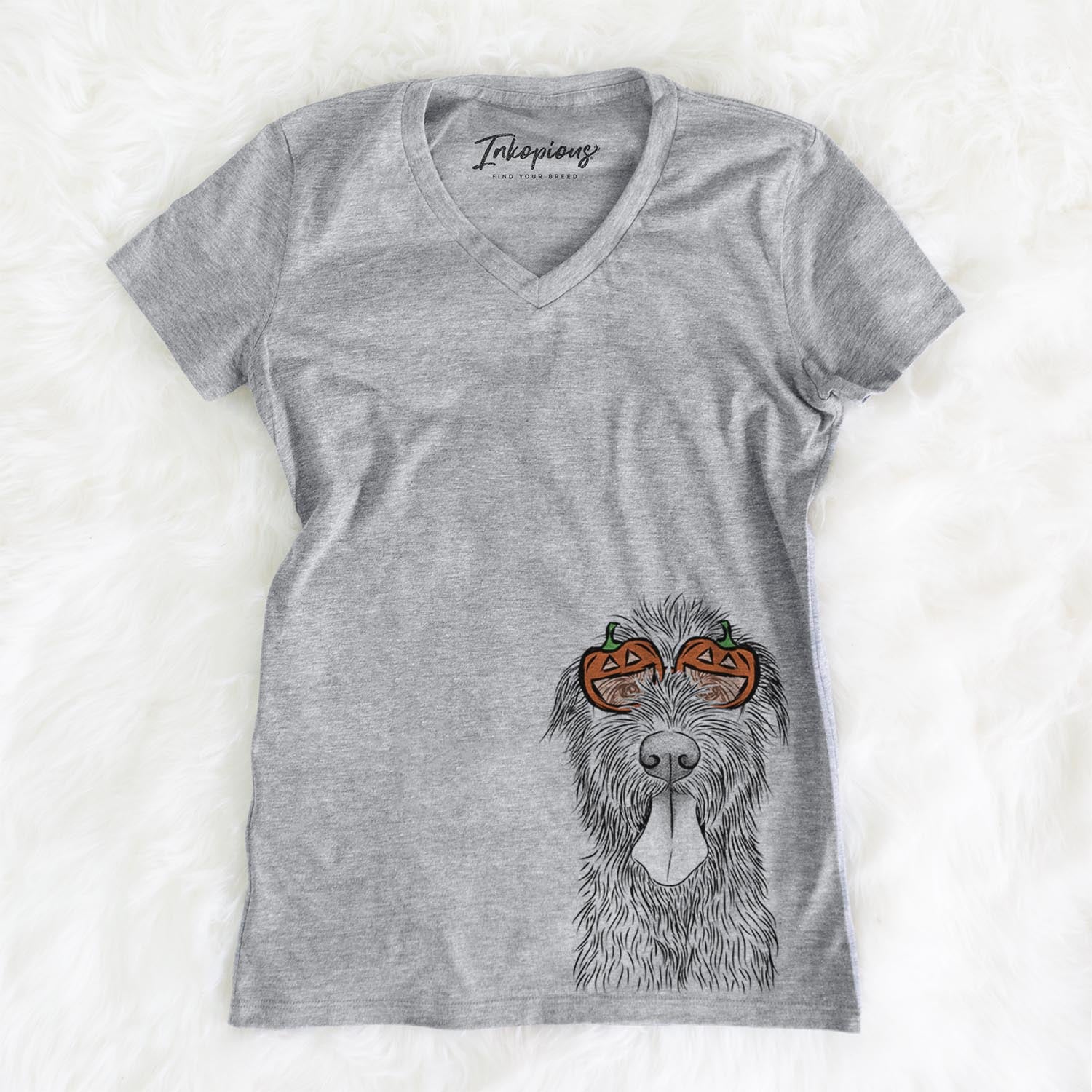 Hand-drawn sketch of Sullivan the Irish Wolfhound wearing pumpkin glasses on a Grey pumpkin collection, on a hanger