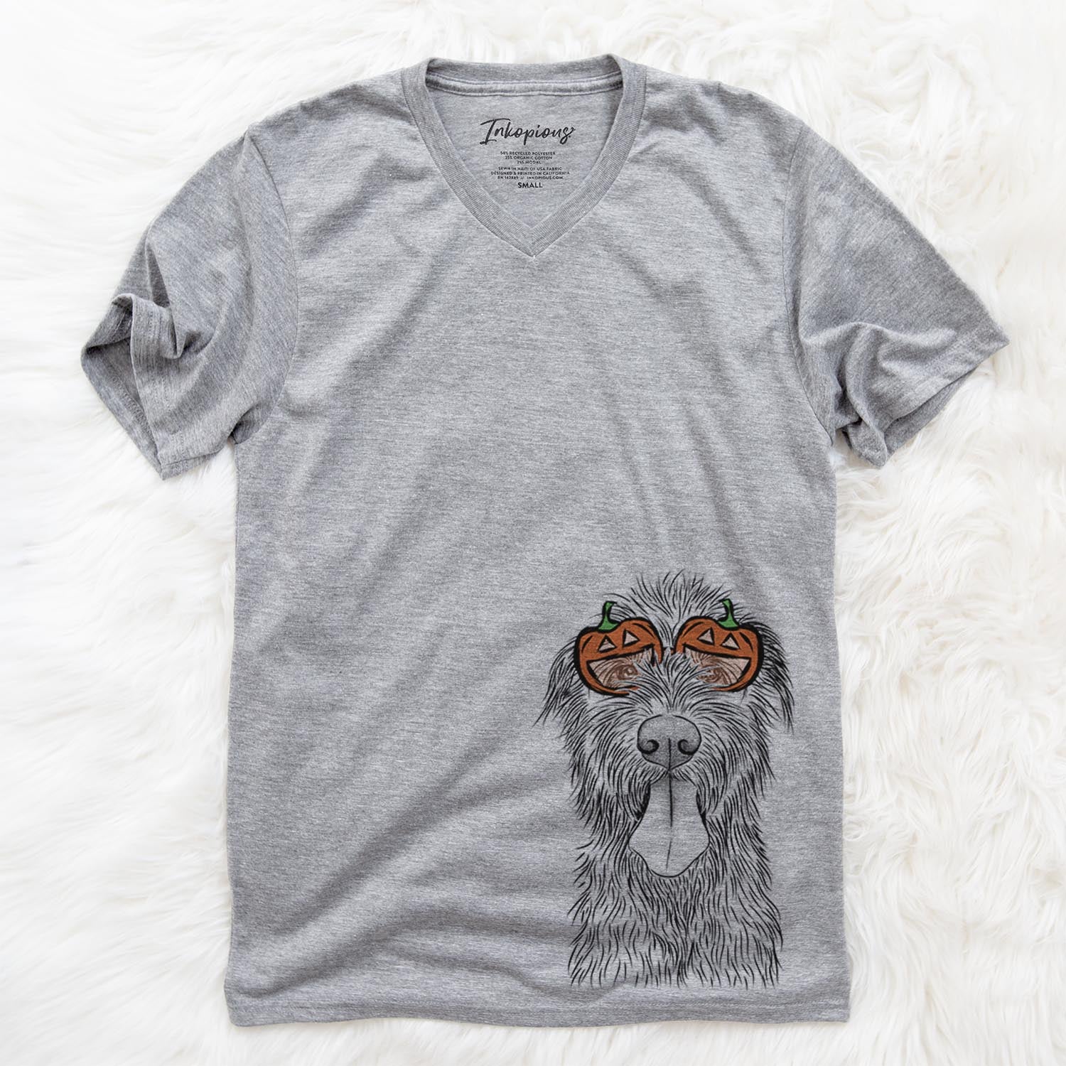 Hand-drawn sketch of Sullivan the Irish Wolfhound wearing pumpkin glasses on a Grey pumpkin collection