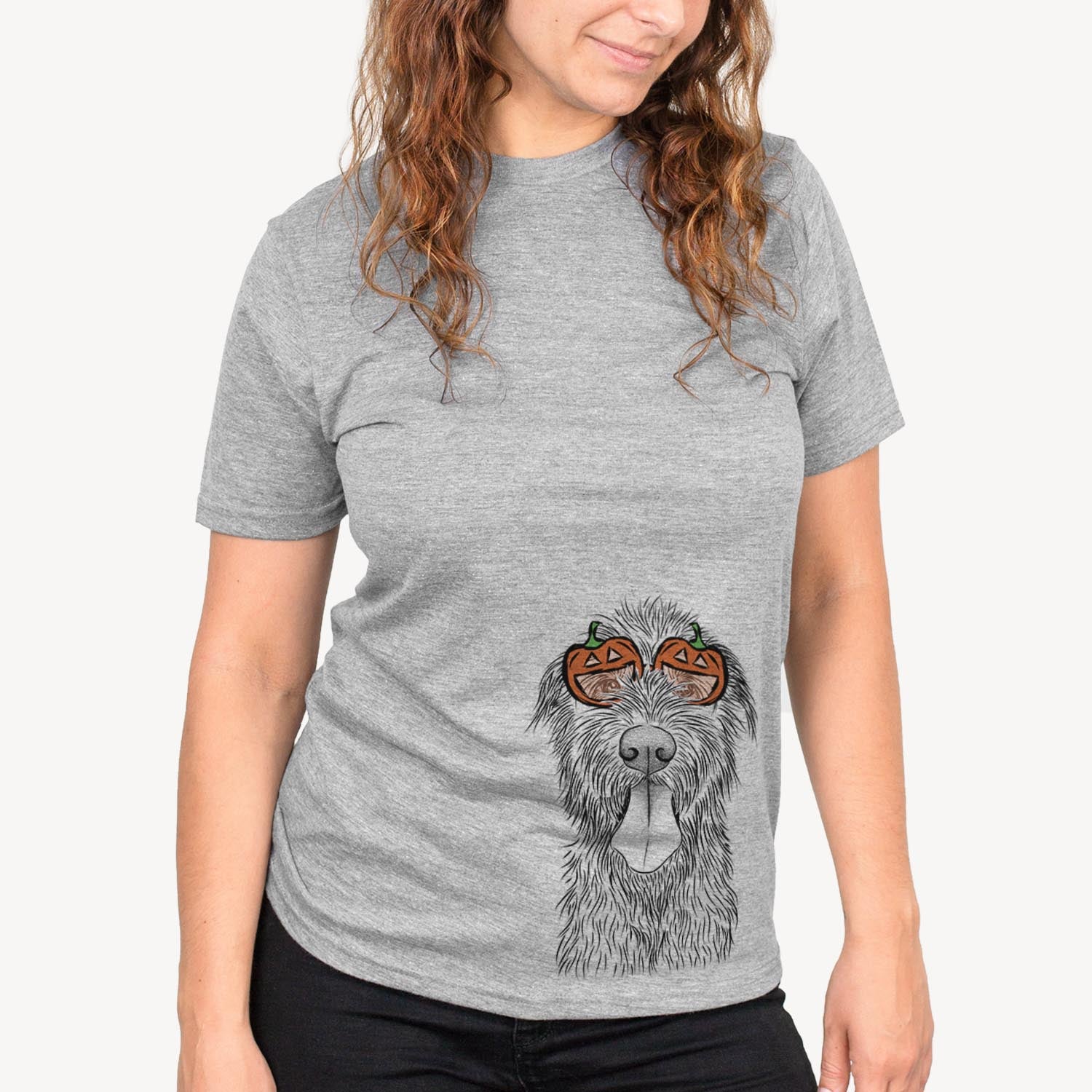 Hand-drawn sketch of Sullivan the Irish Wolfhound wearing pumpkin glasses on a Grey pumpkin collection, on a hanger
