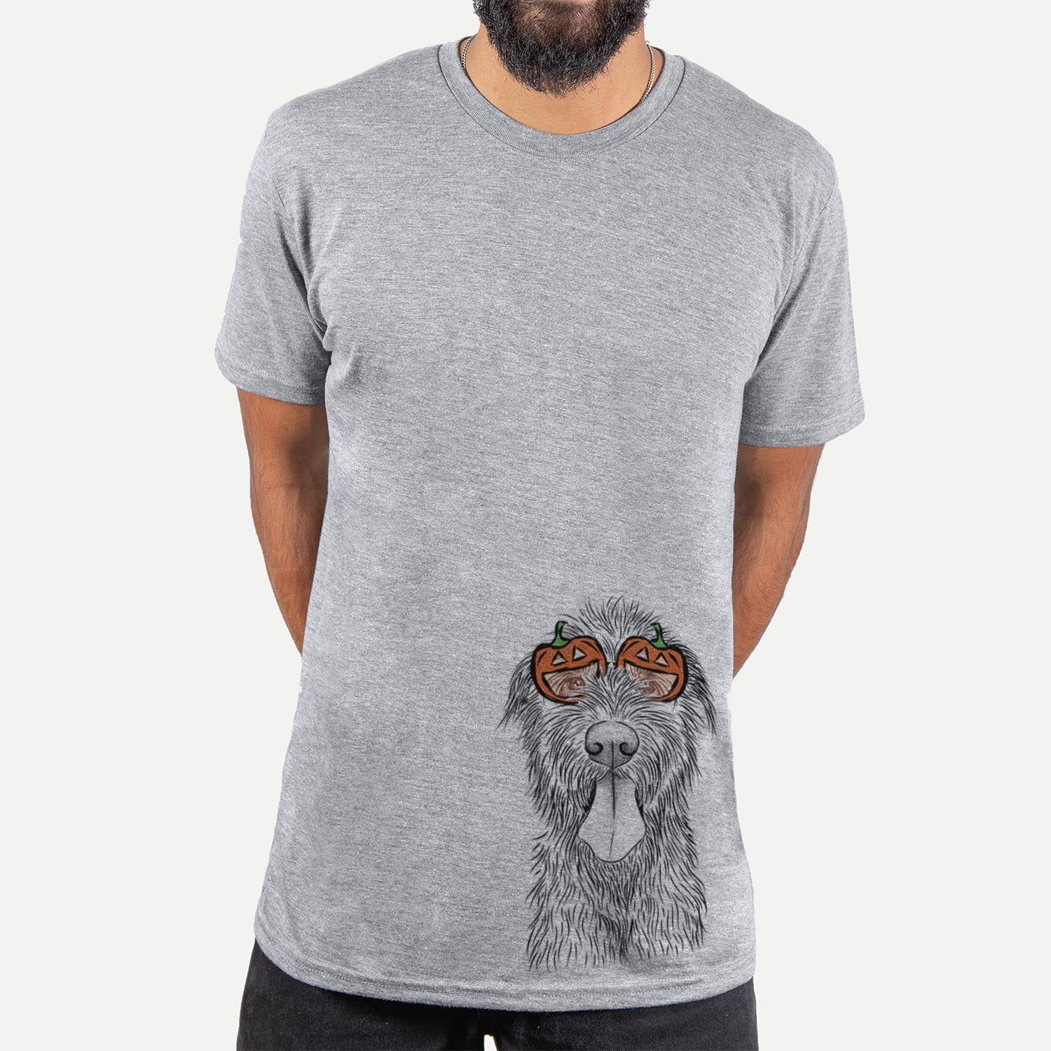 Hand-drawn sketch of Sullivan the Irish Wolfhound wearing pumpkin glasses on a Grey pumpkin collection, hanging on a wall