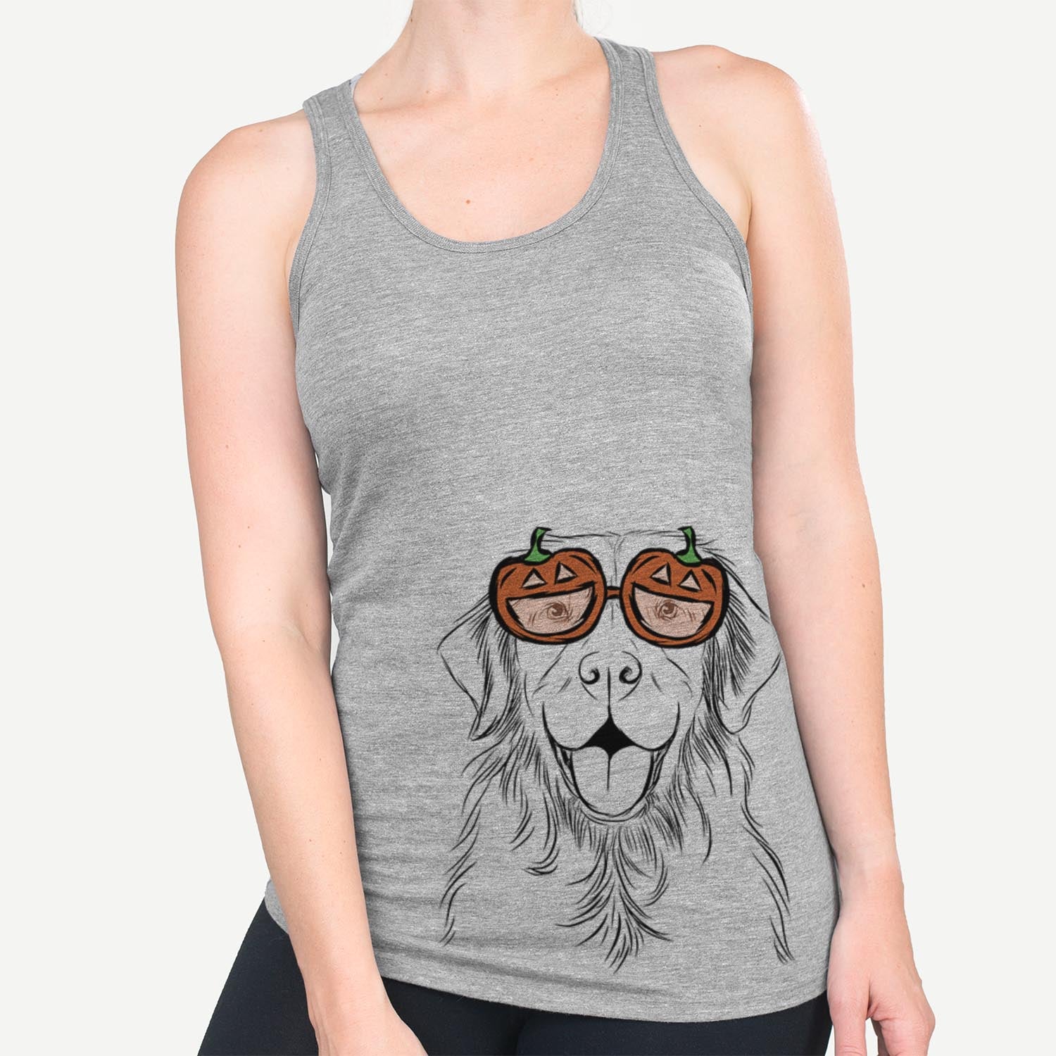 Hand-drawn sketch of Sunny the Golden Retriever wearing pumpkin glasses on a Grey pumpkin collection