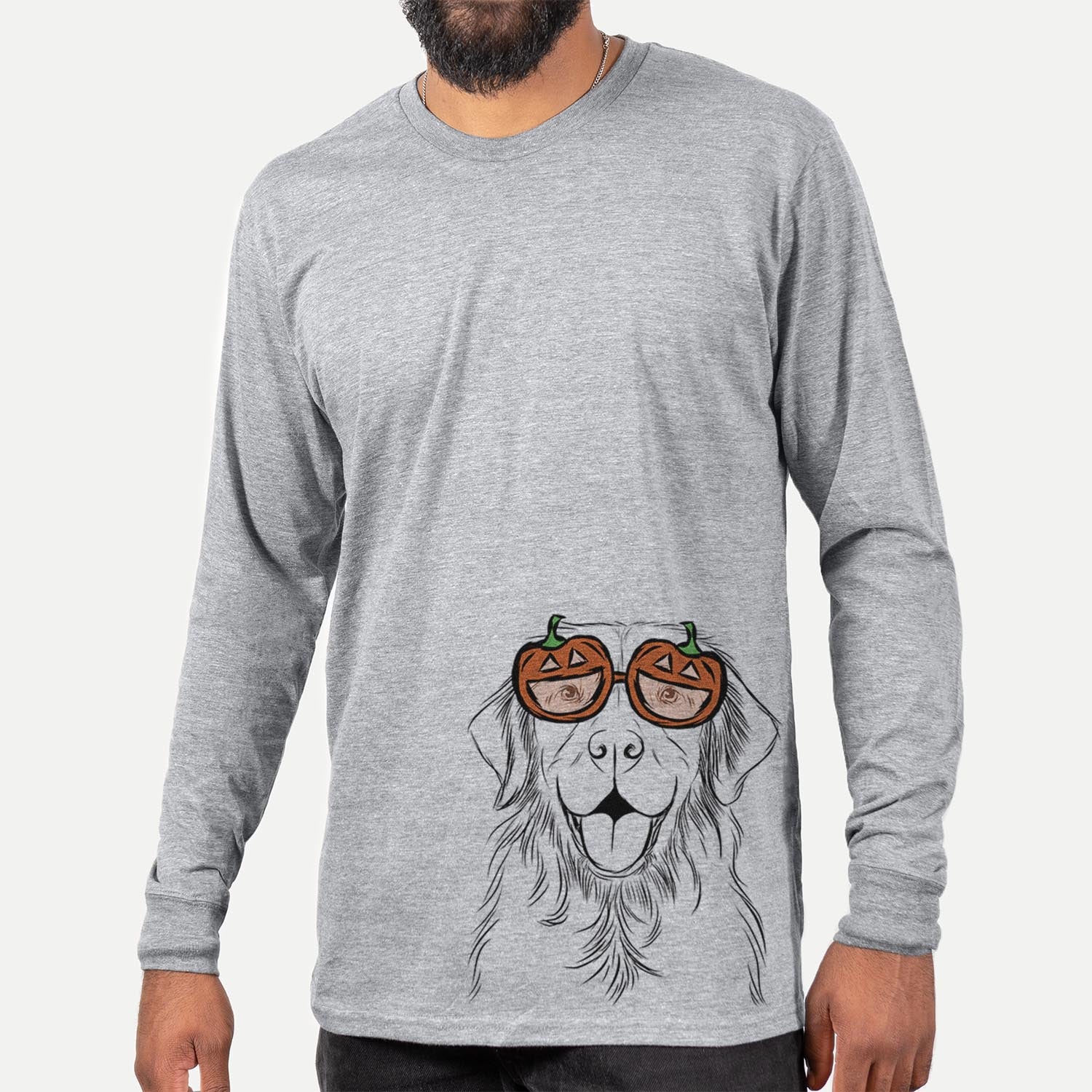 Hand-drawn sketch of Sunny the Golden Retriever wearing pumpkin glasses on a Grey pumpkin collection, hanging on a wall