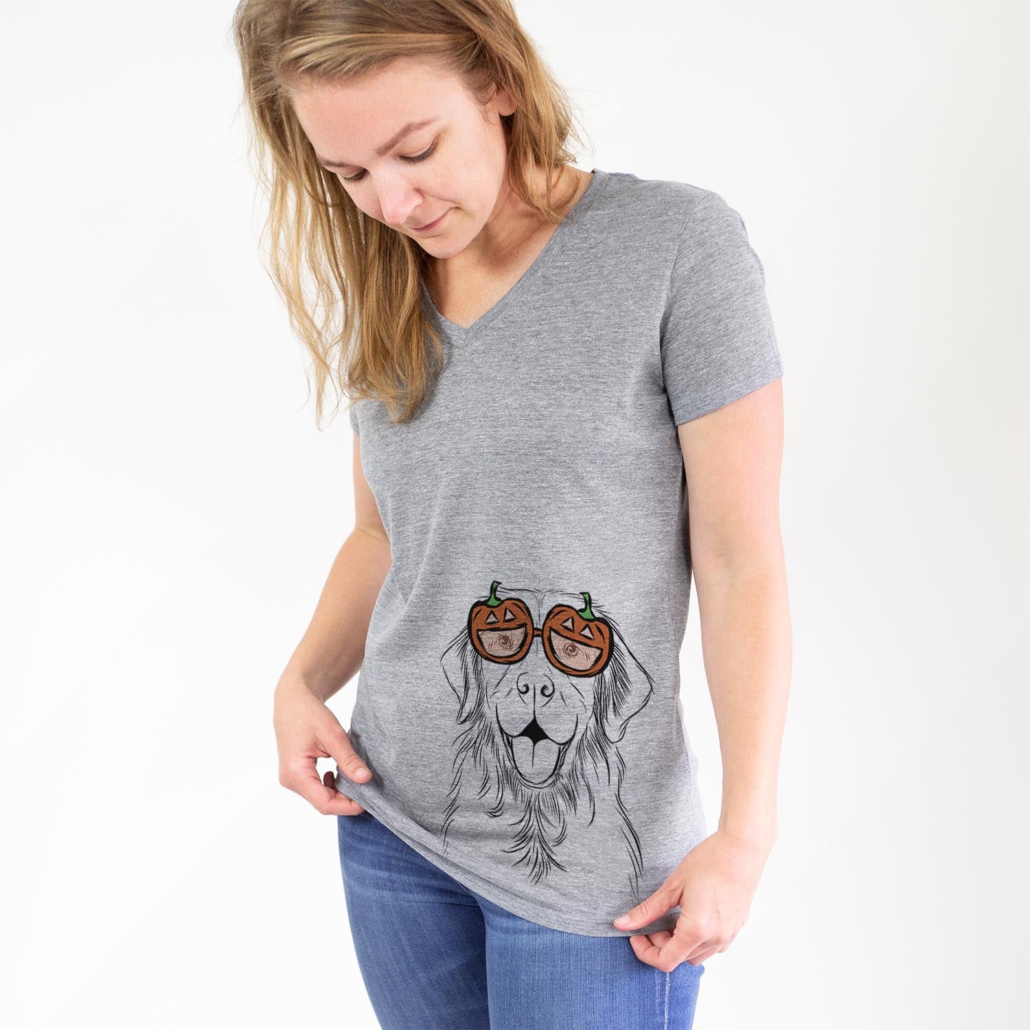 Hand-drawn sketch of Sunny the Golden Retriever wearing pumpkin glasses on a Grey pumpkin collection