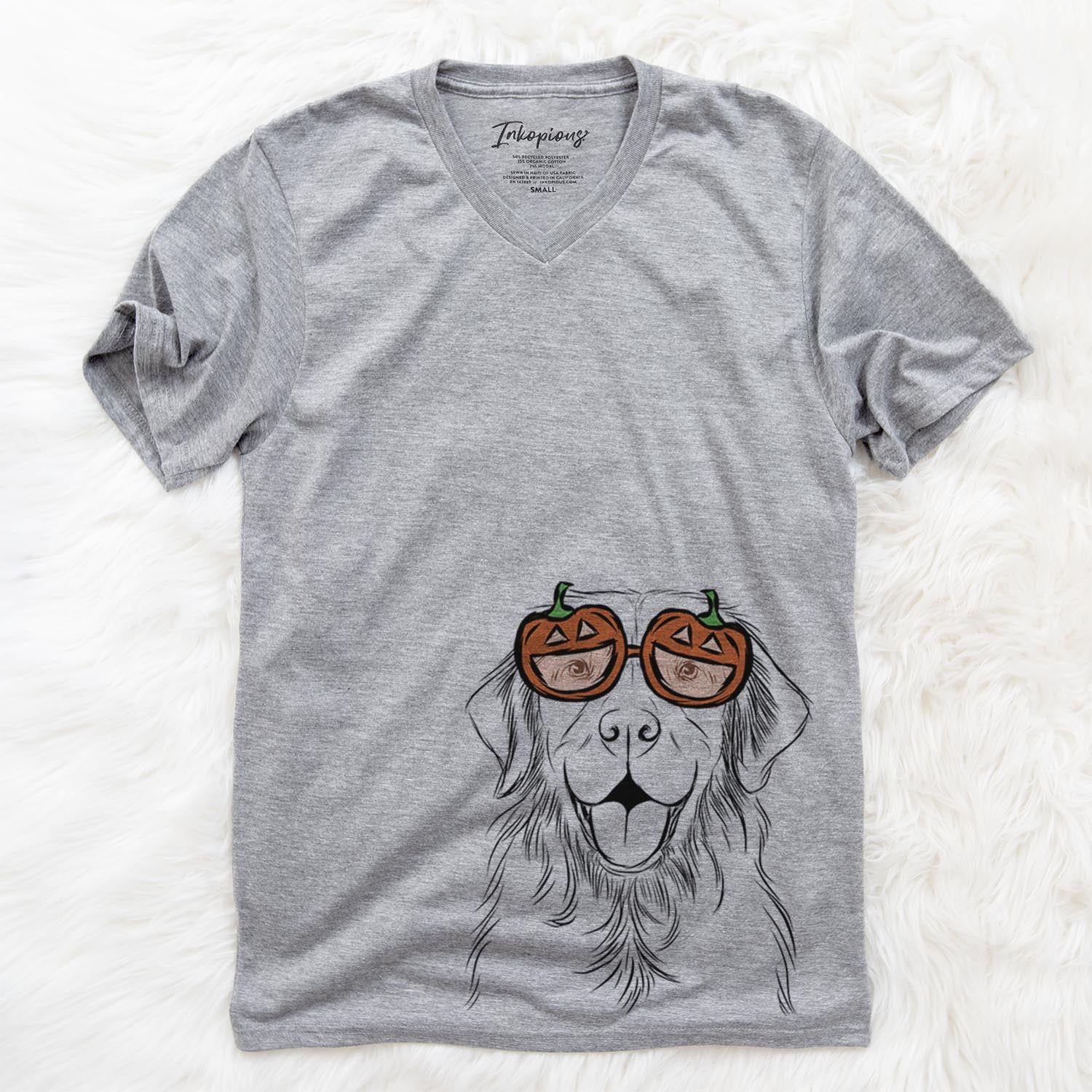 Hand-drawn sketch of Sunny the Golden Retriever wearing pumpkin glasses on a Grey pumpkin collection