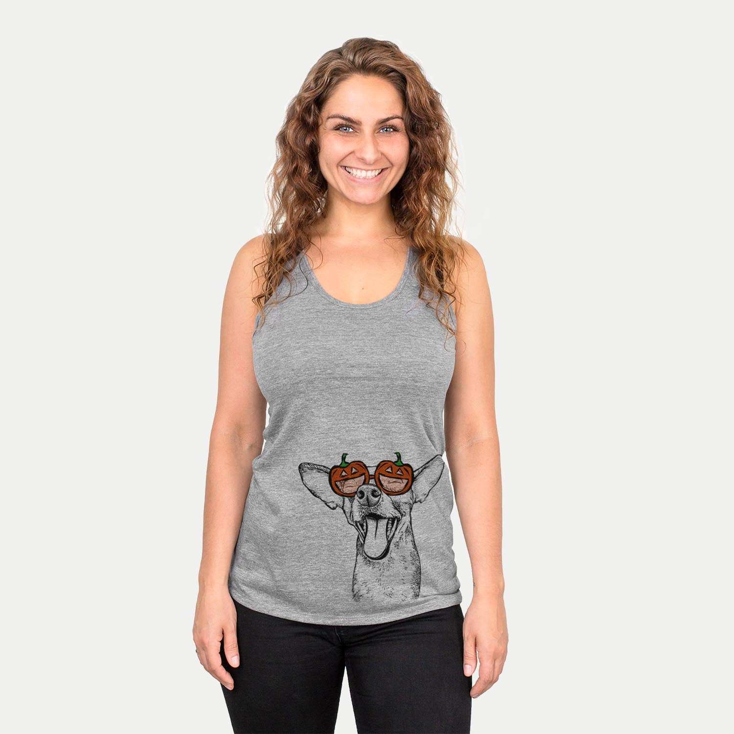 Hand-drawn sketch of Sweet Bailey the Chihuahua Mix wearing pumpkin glasses on a Grey pumpkin collection