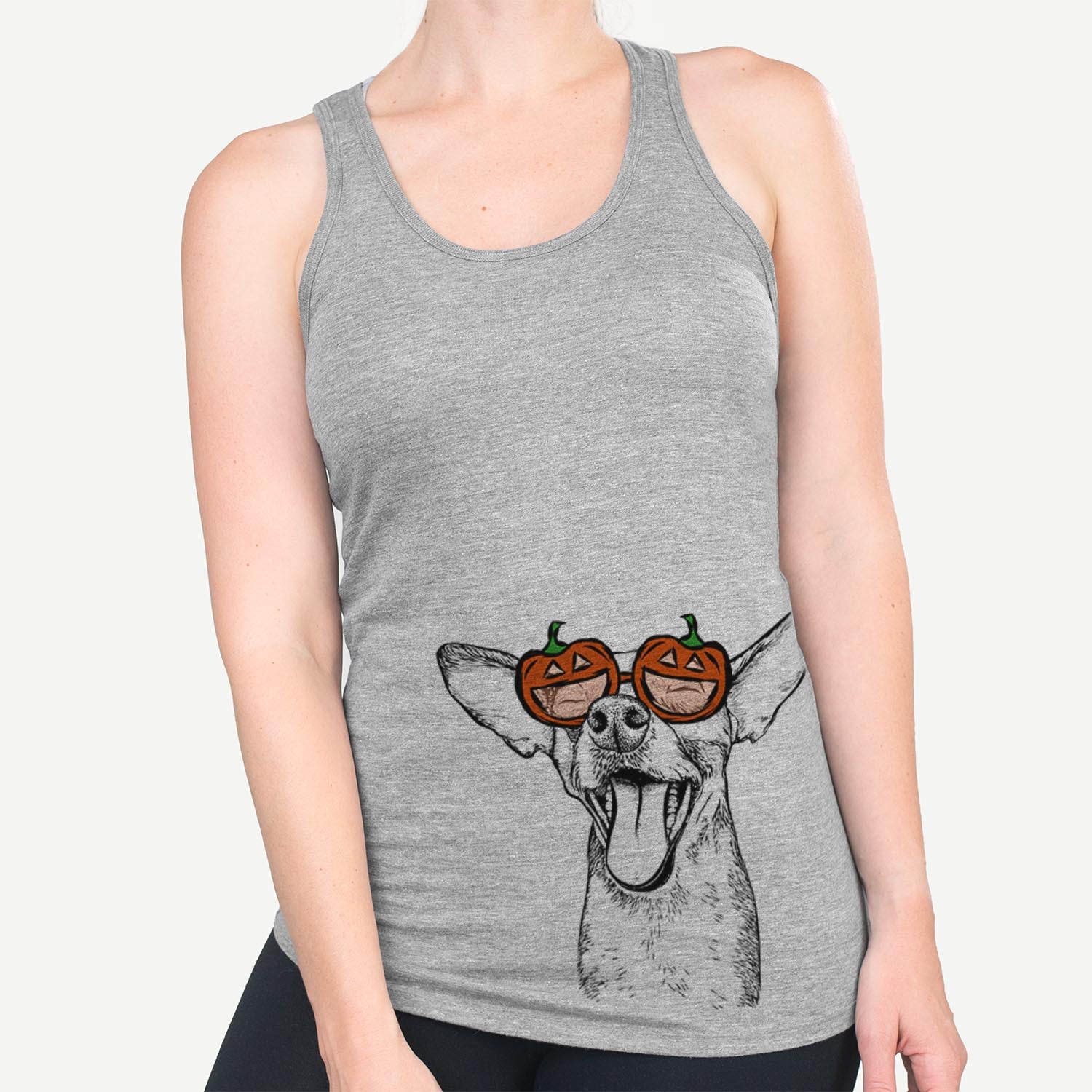 Hand-drawn sketch of Sweet Bailey the Chihuahua Mix wearing pumpkin glasses on a Grey pumpkin collection