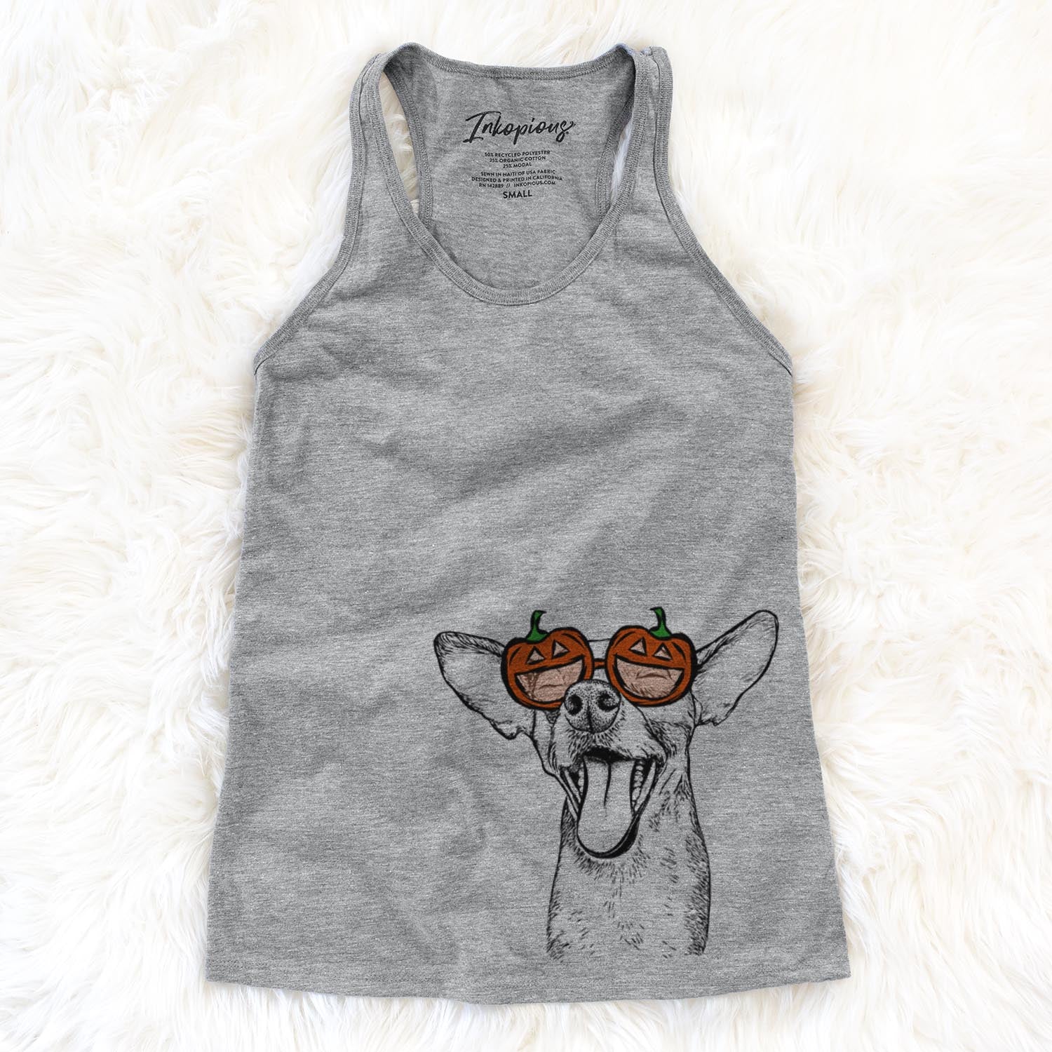 Hand-drawn sketch of Sweet Bailey the Chihuahua Mix wearing pumpkin glasses on a Grey pumpkin collection