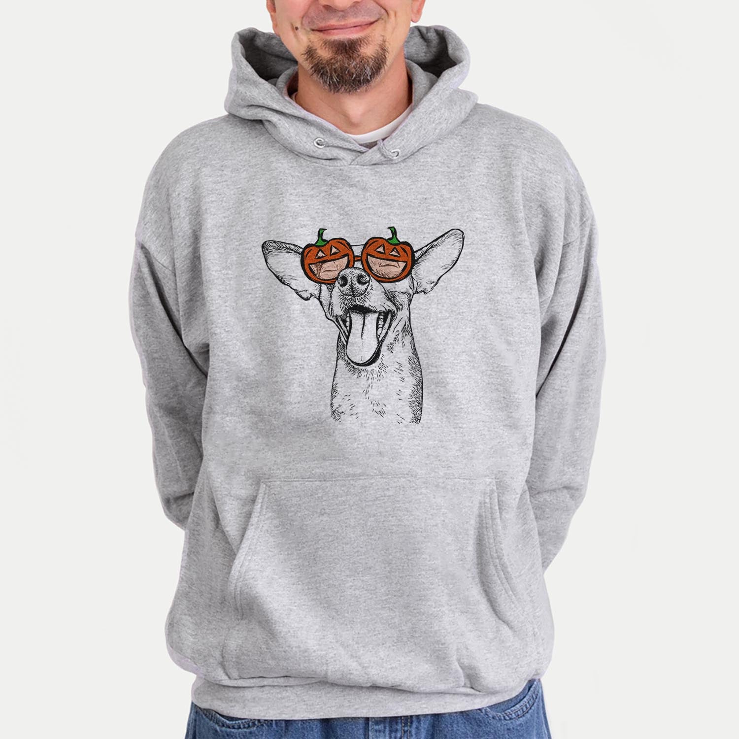 Hand-drawn sketch of Sweet Bailey the Chihuahua Mix wearing pumpkin glasses on a Grey pumpkin collection, hanging on a wall